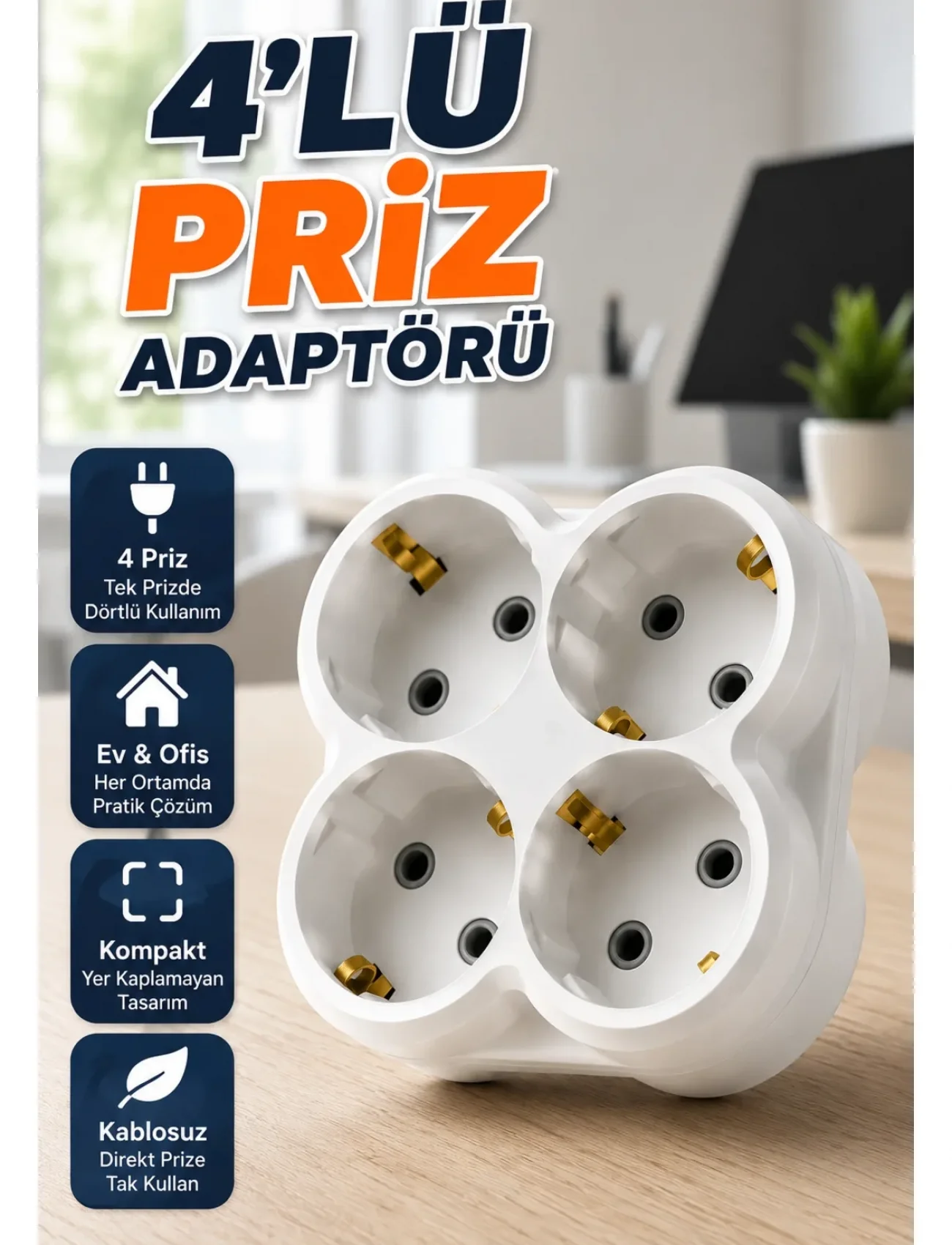 Kompakt 4’lü Priz Adaptörü Ev Ofis İçin Kablosuz Priz Çoğaltma Aparatı