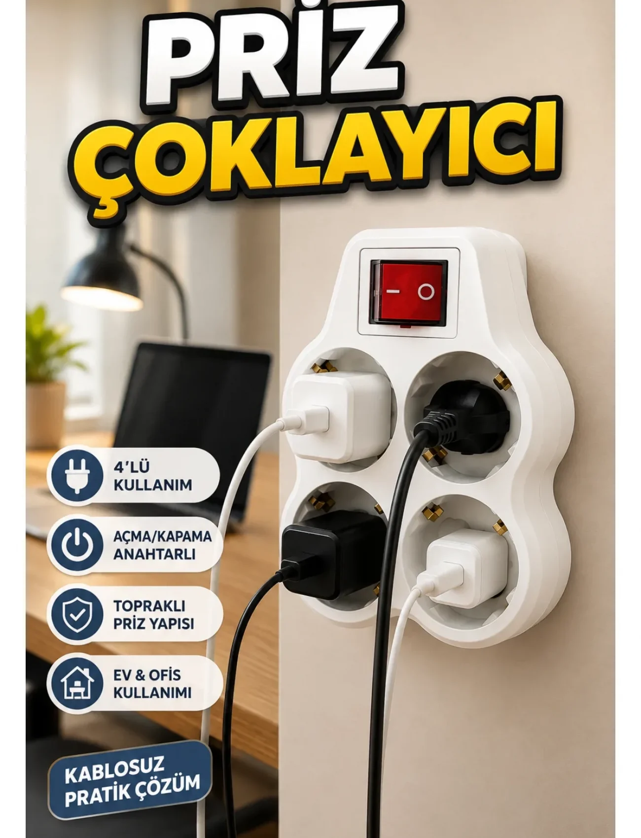Kompakt 4’lü Priz Çoklayıcı Kablosuz Anahtarlı Ev Ofis Priz Çoğaltma Adaptörü