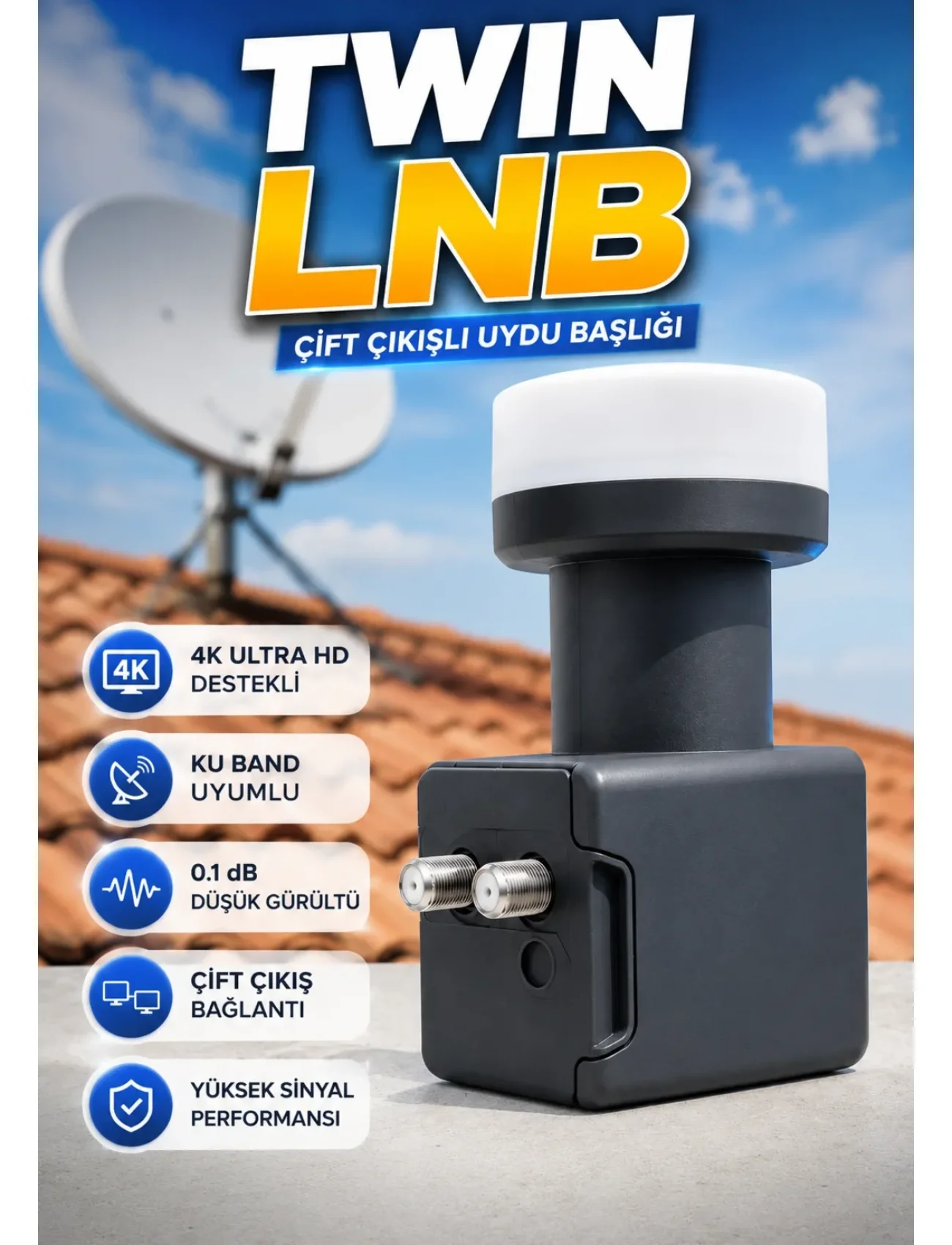Ku Band Twin LNB Çift Çıkış 4K Ultra HD Destekli 0.1 dB Uydu Anten LNB