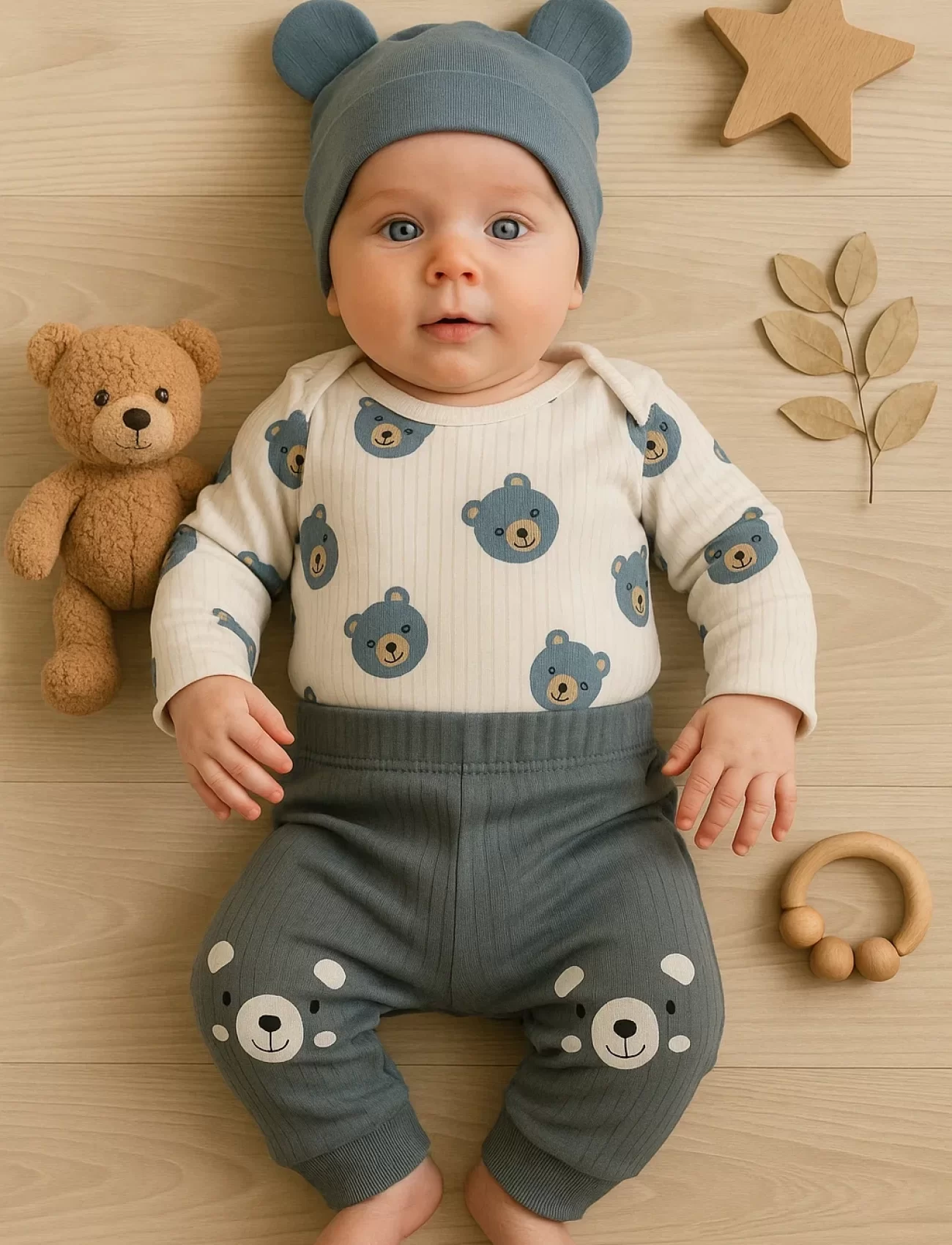 Kulaklı Ayıcık % 100 Pamuk 3lü Erkek Bebek Takım