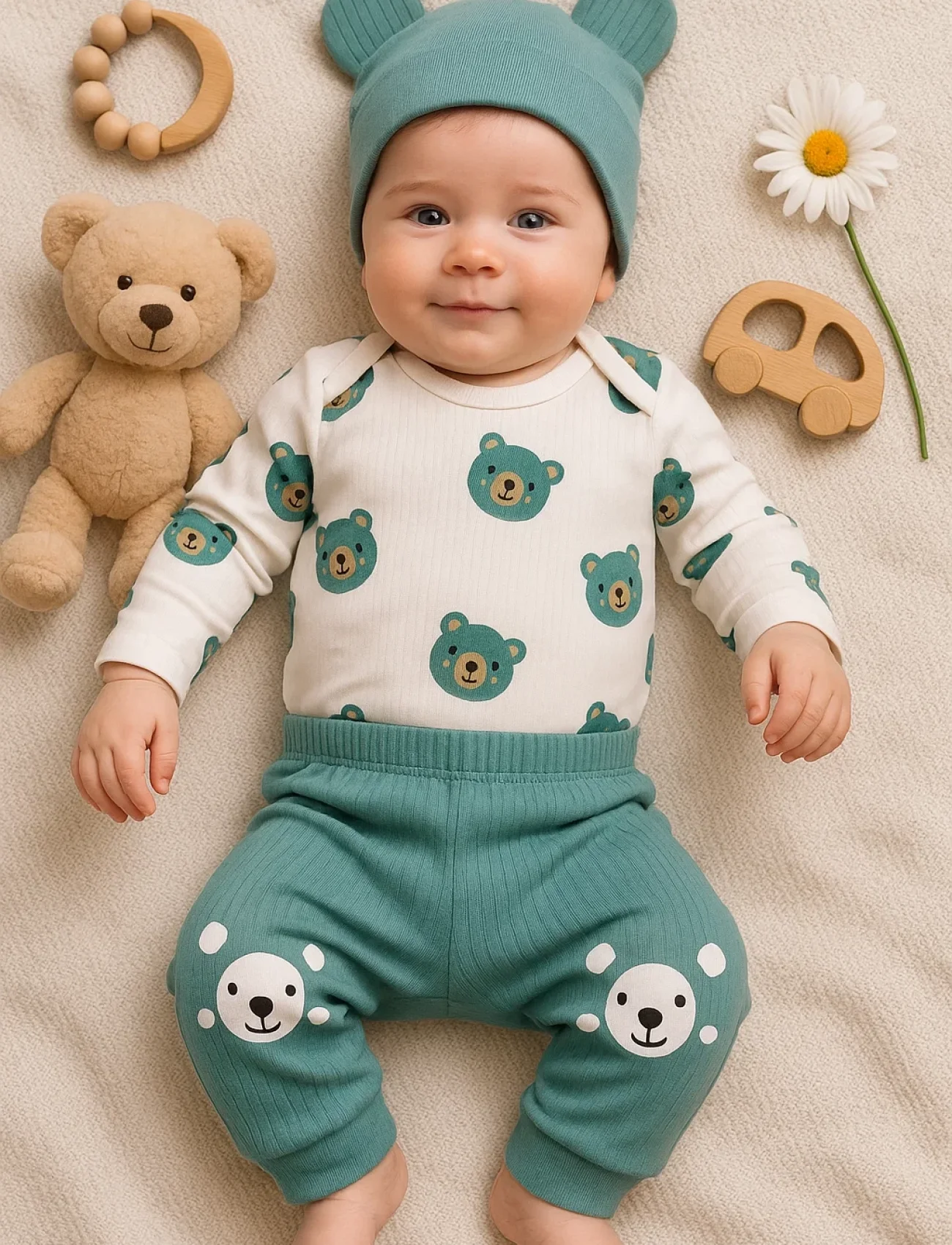 Kulaklı Ayıcık % 100 Pamuk 3lü Erkek Bebek Takım