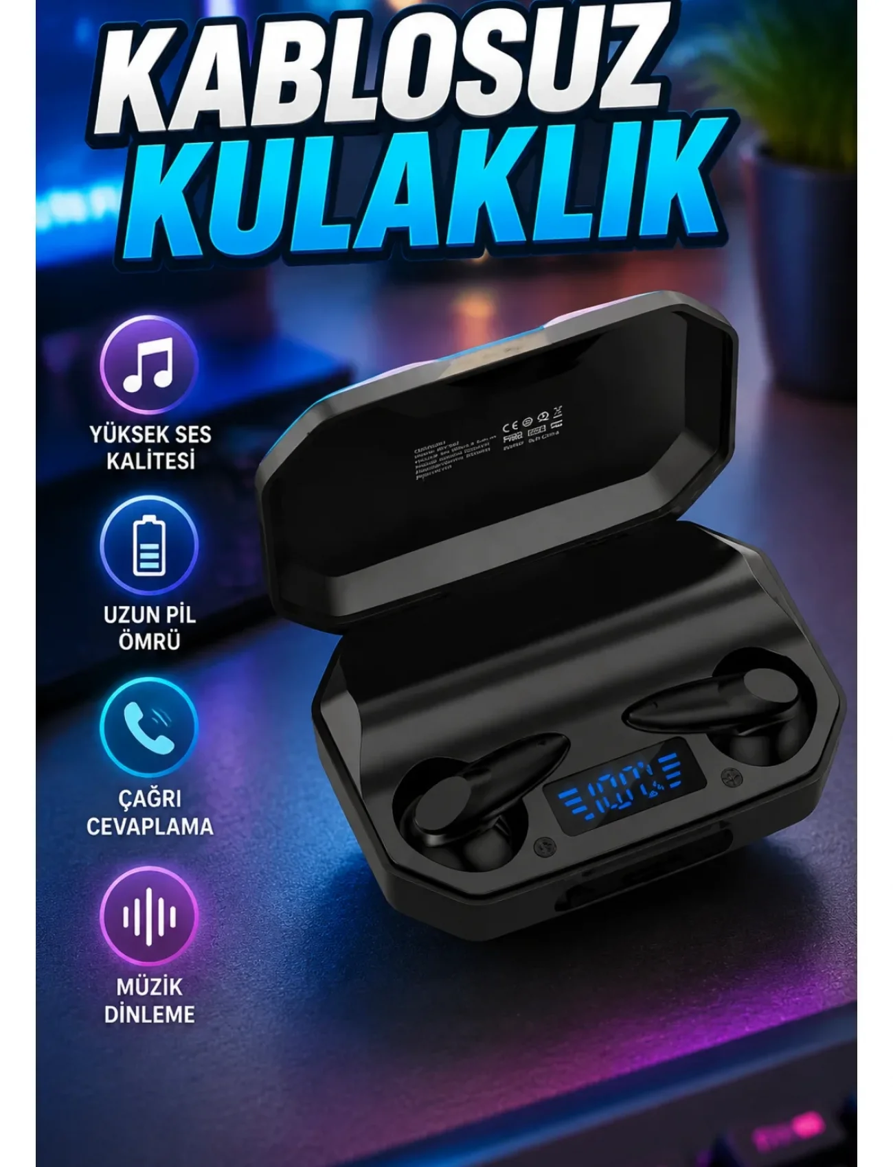 Kulaklık Bluetooth 5.2 Kablosuz Kulakiçi Rgb Işıklı Çift Mikrofonlu