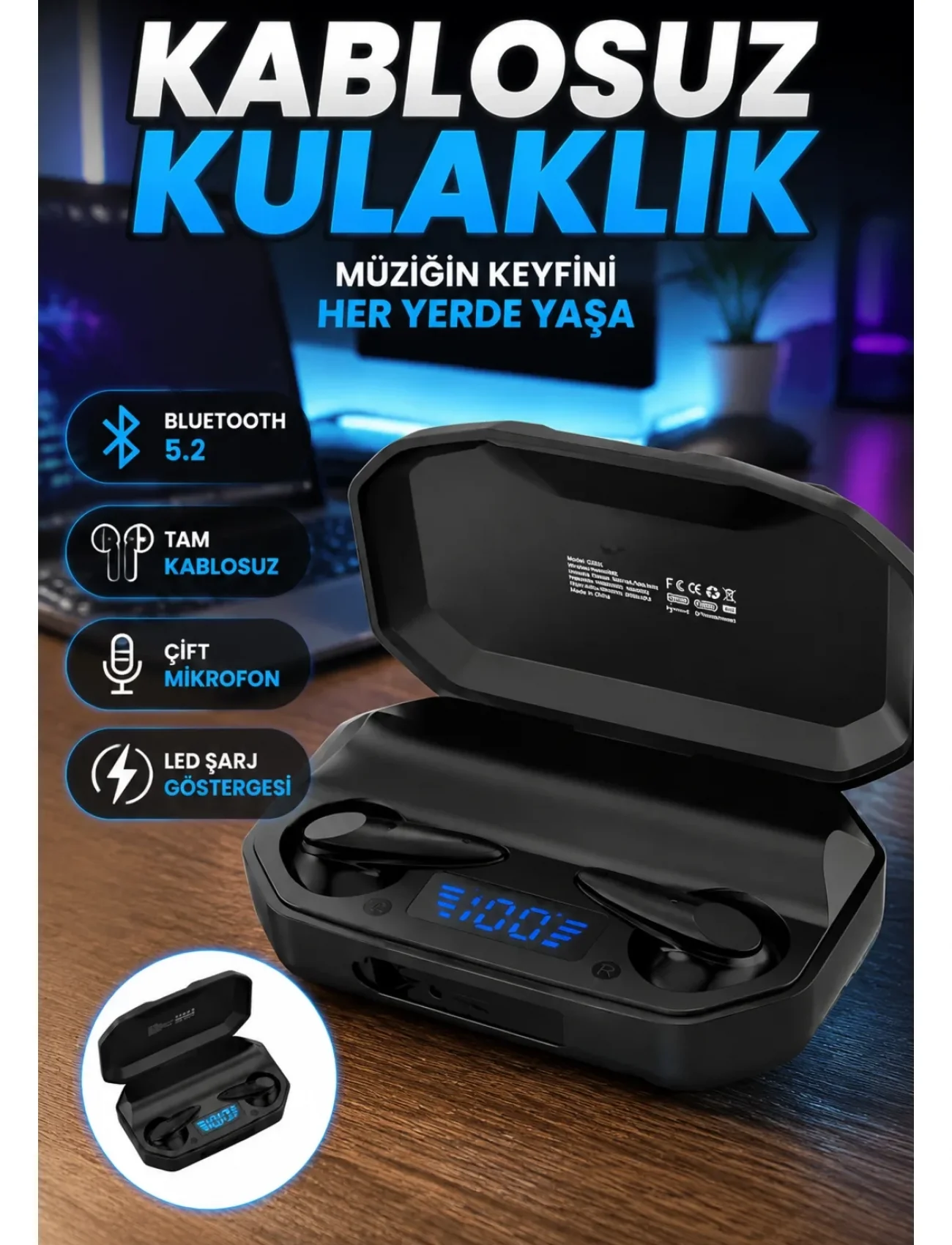 Kulaklık Bluetooth 5.2 Kablosuz Kulakiçi Rgb Işıklı Çift Mikrofonlu Yeni Nesil
