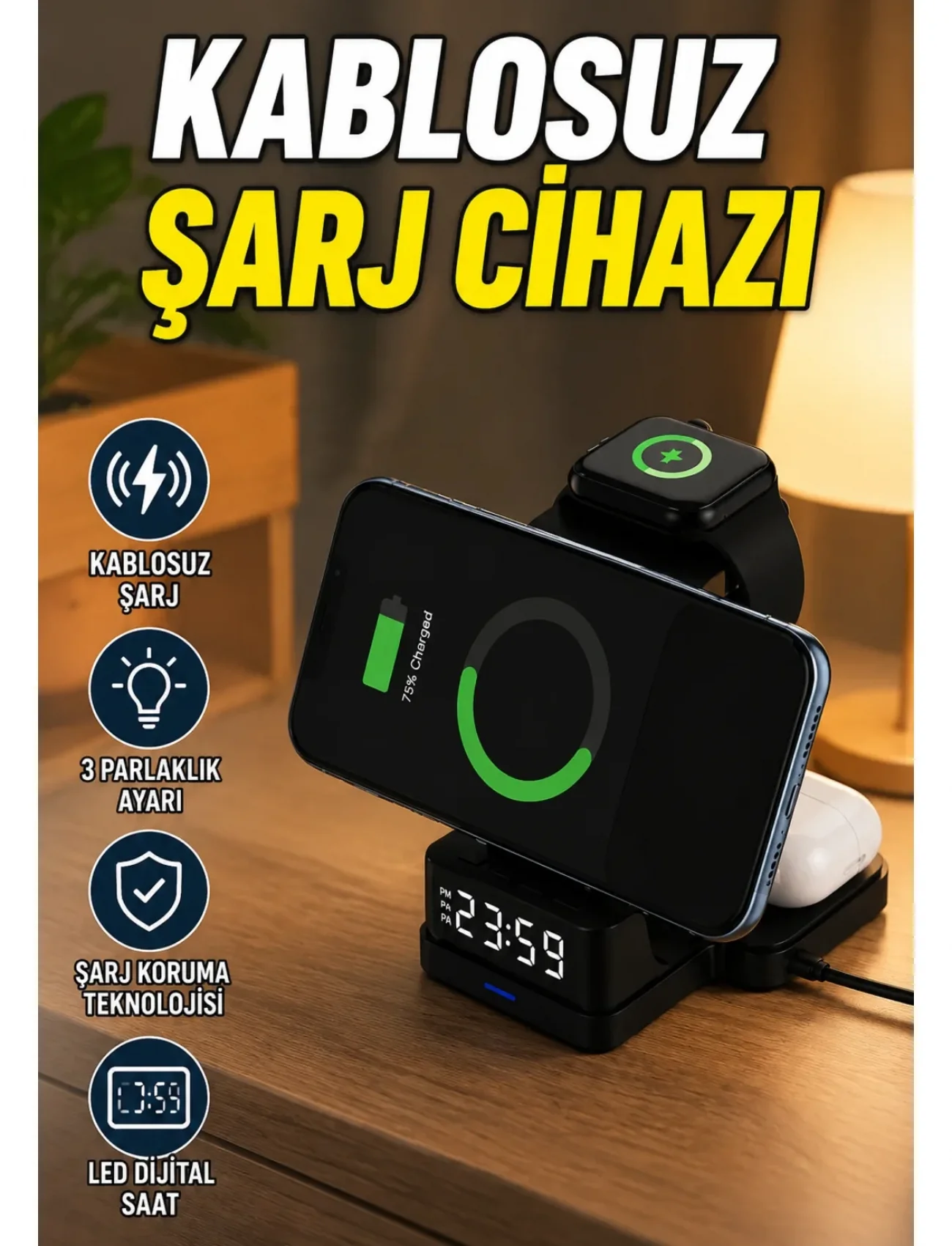 LED Dijital Saatli Kablosuz Şarj Cihazı – 3 Parlaklık Ayarlı, Şarj Koruma Teknolojili Yeni Nesil