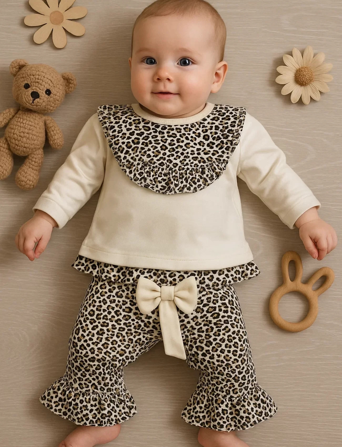 Leopar Detaylı 2li Kız Bebek Takım %100 Pamuk