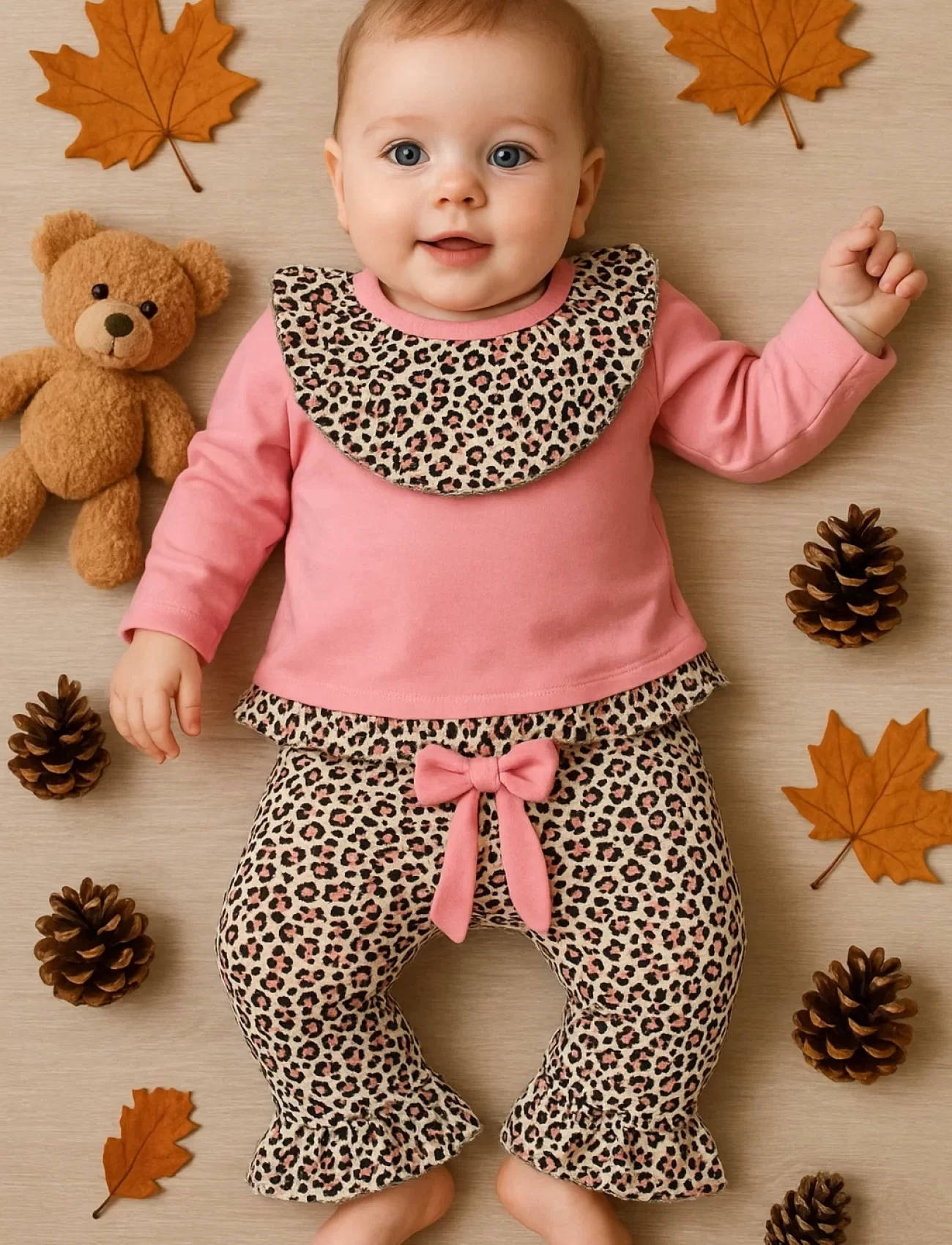 Leopar Detaylı 2li Kız Bebek Takım %100 Pamuk