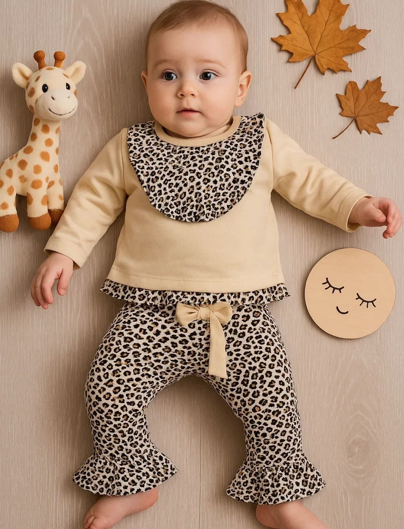 Leopar Detaylı 2li Kız Bebek Takım %100 Pamuk