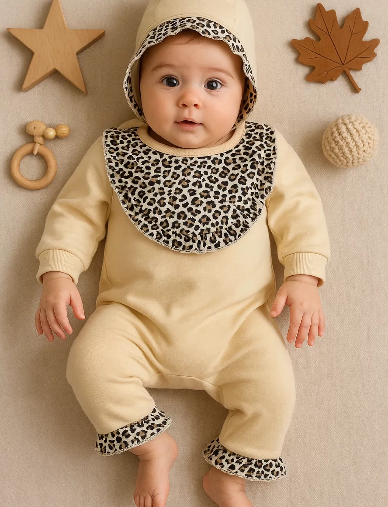 Leopar Detaylı Şapkalı Tulum %100 Pamuk