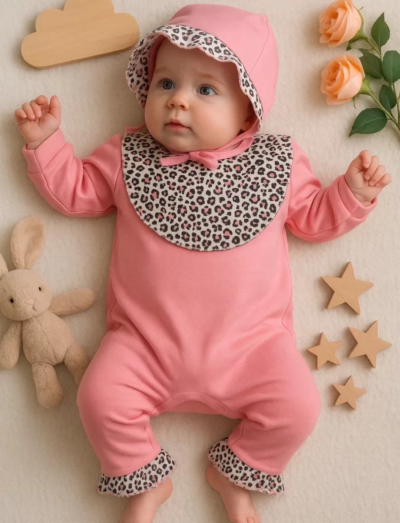 Leopar Detaylı Şapkalı Tulum %100 Pamuk