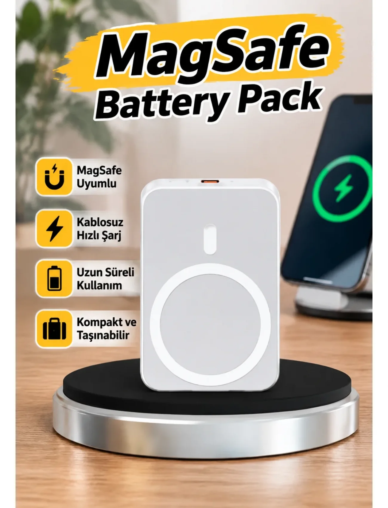 MagSafe Battery Pack Kablosuz Hızlı Şarj, Kompakt ve Taşınabilir Güç Bankası