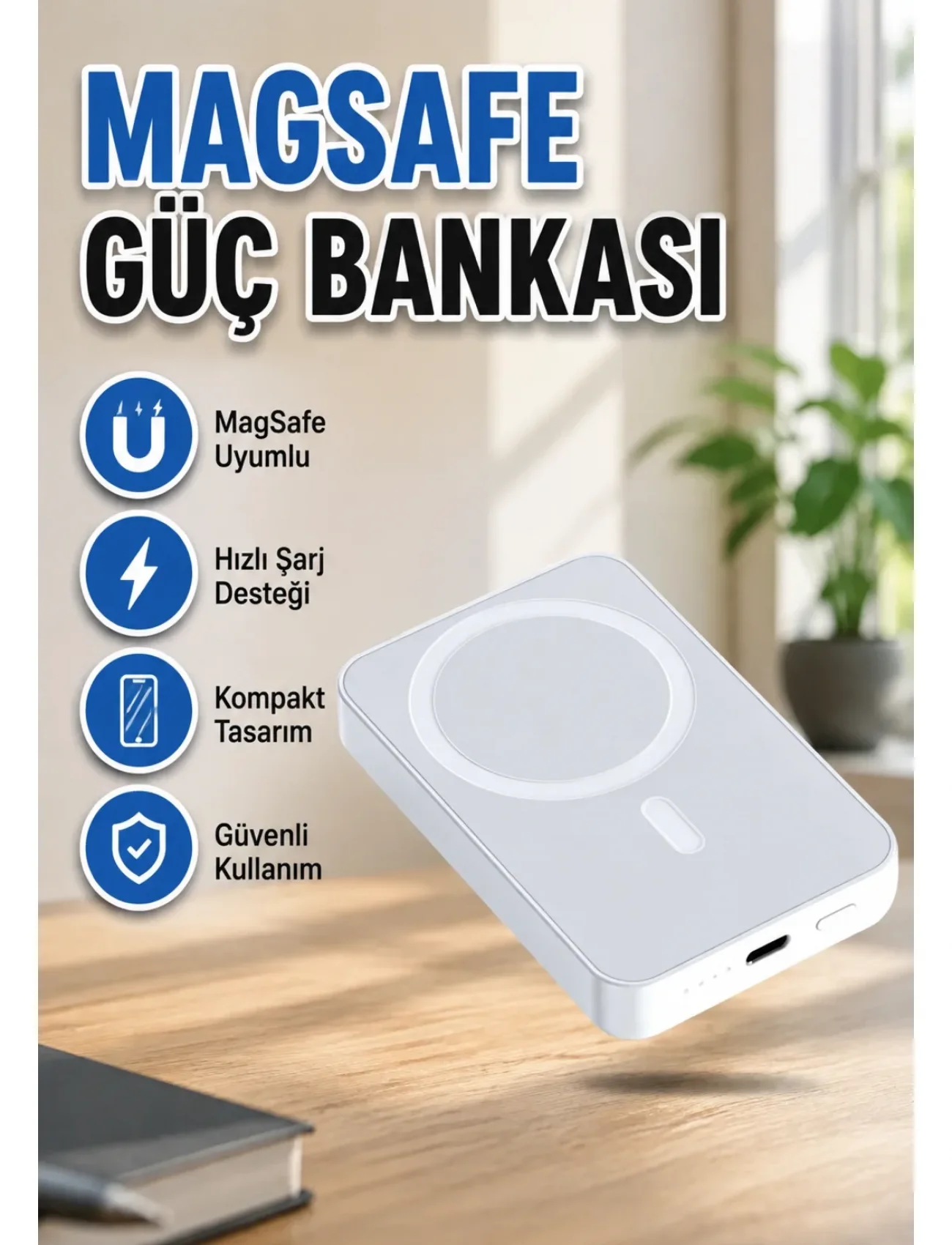 MagSafe Uyumlu Kablosuz Batarya 27W Hızlı Şarj Destekli Kompakt Güç Bankası