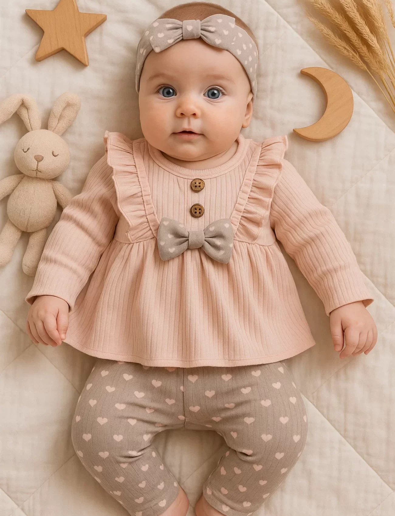 Minik Kalpli Fırfırlı Bandanalı 3lü Kız Bebek Takımı
