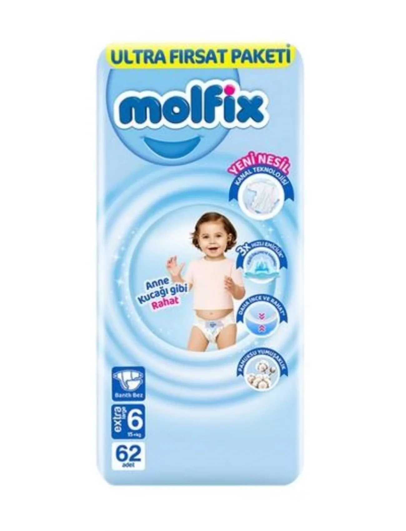 Molfix Bebek Bezi Ultra Fırsat Paketi 6 Beden 15+ Kg 62 Adet