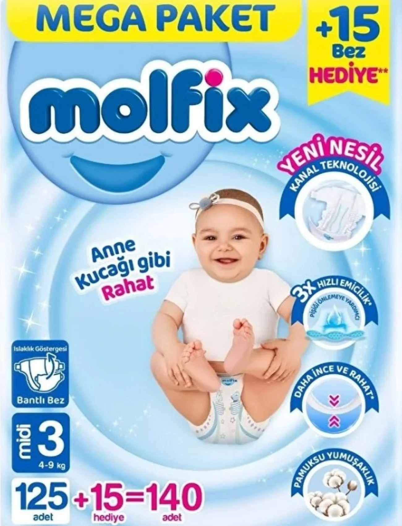 Molfix Mega Paket Bebek Bezi 3 Beden 4-9 Kg 140 Adet