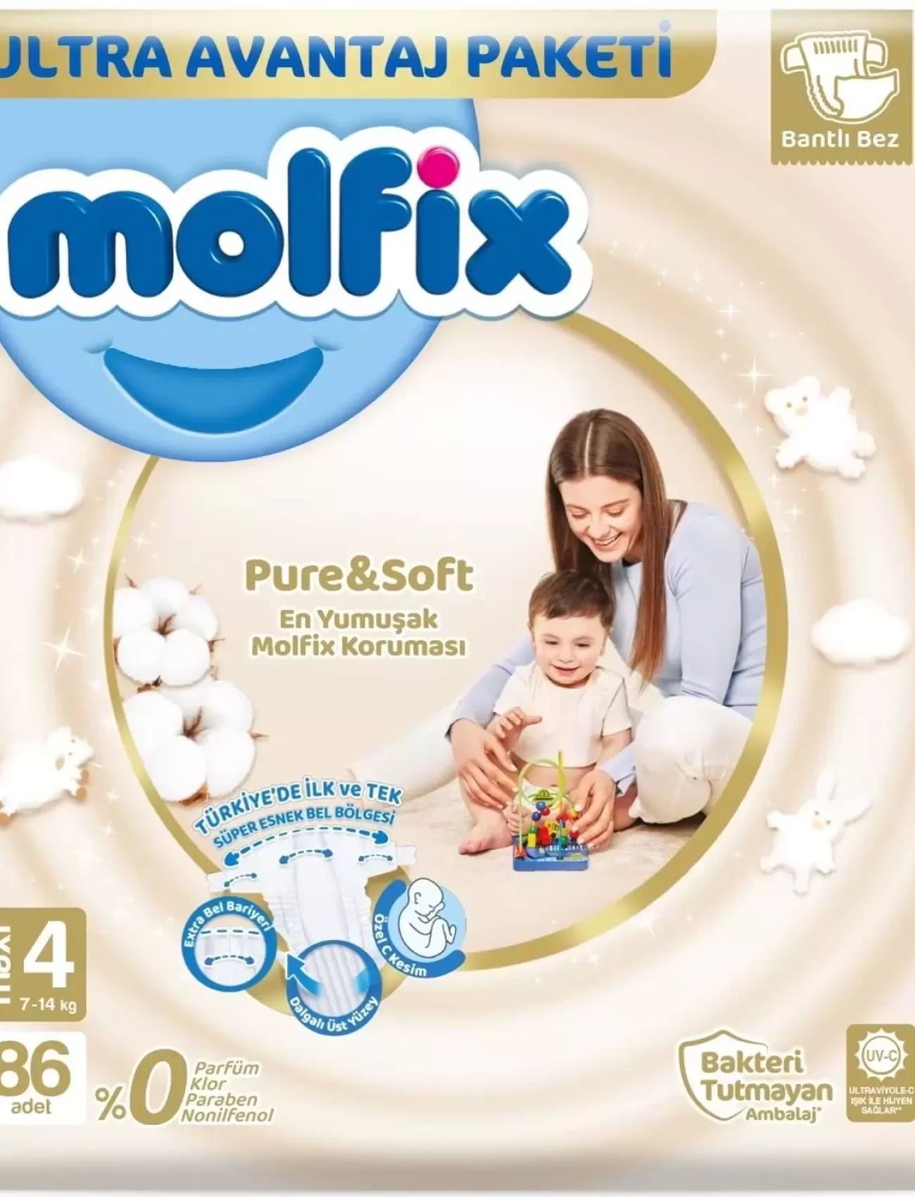 Molfix Pure&Soft Bebek Bezi Ultra Avantaj Paketi 4 Beden 7-14 Kg 86 Adet