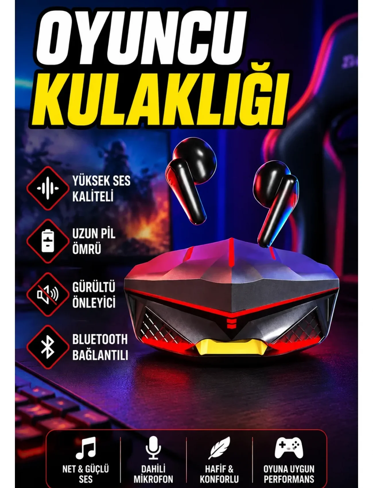 Oyuncu Kulaklığı  Kulaklık Gürültü Önleyici Yüksek Ses Kaliteli