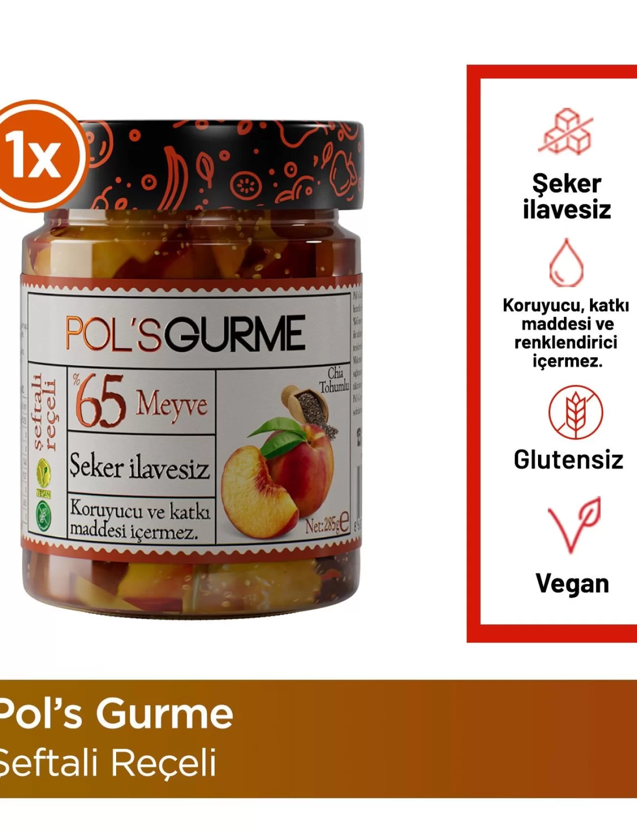 Pol’s Gurme Chia Tohumlu Şekersiz Şeftali Reçeli 285 Gr