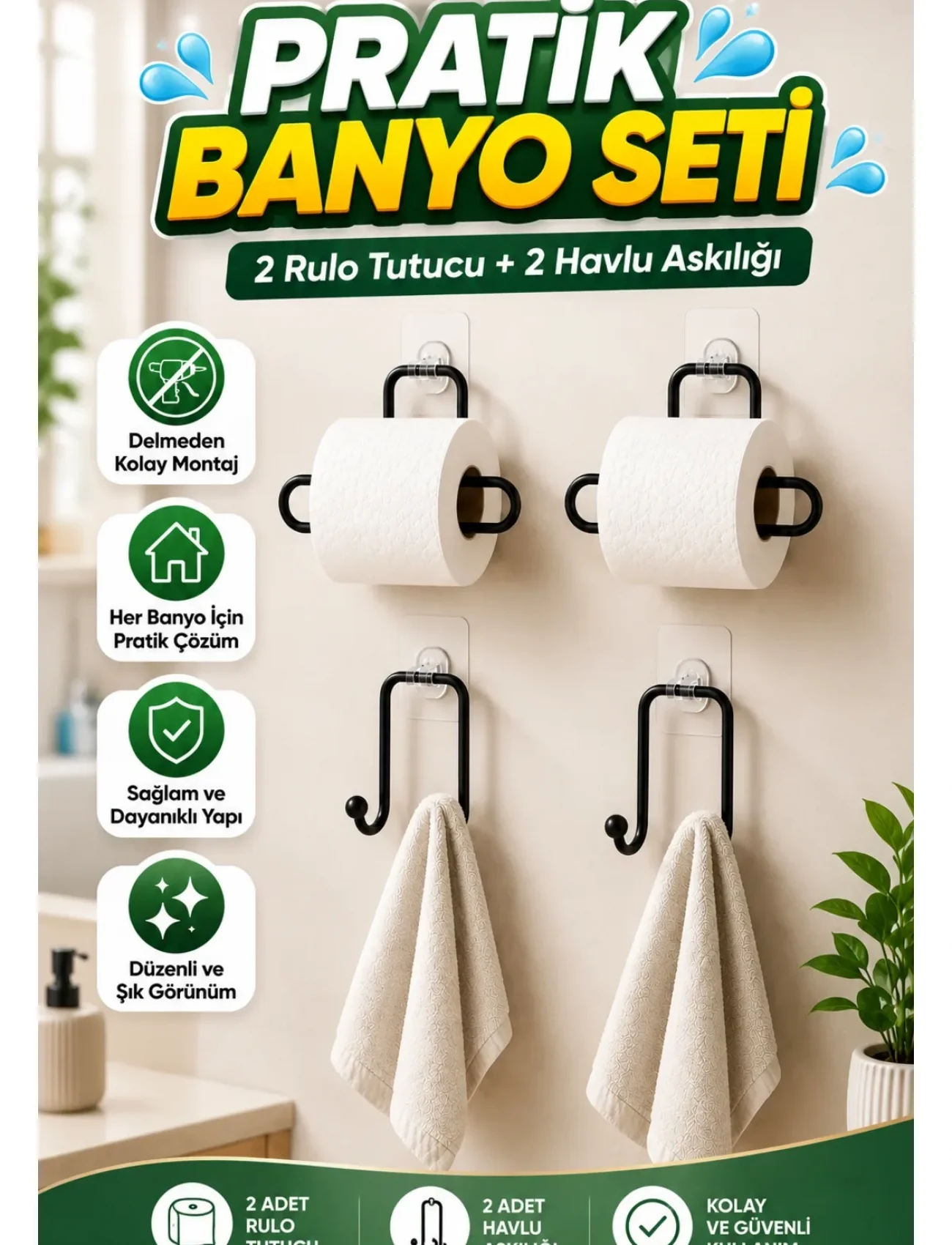 Pratik Banyo Düzenleme Seti 2 Adet Rulo Kağıt Tutucu 2 Adet Havlu Askılığı