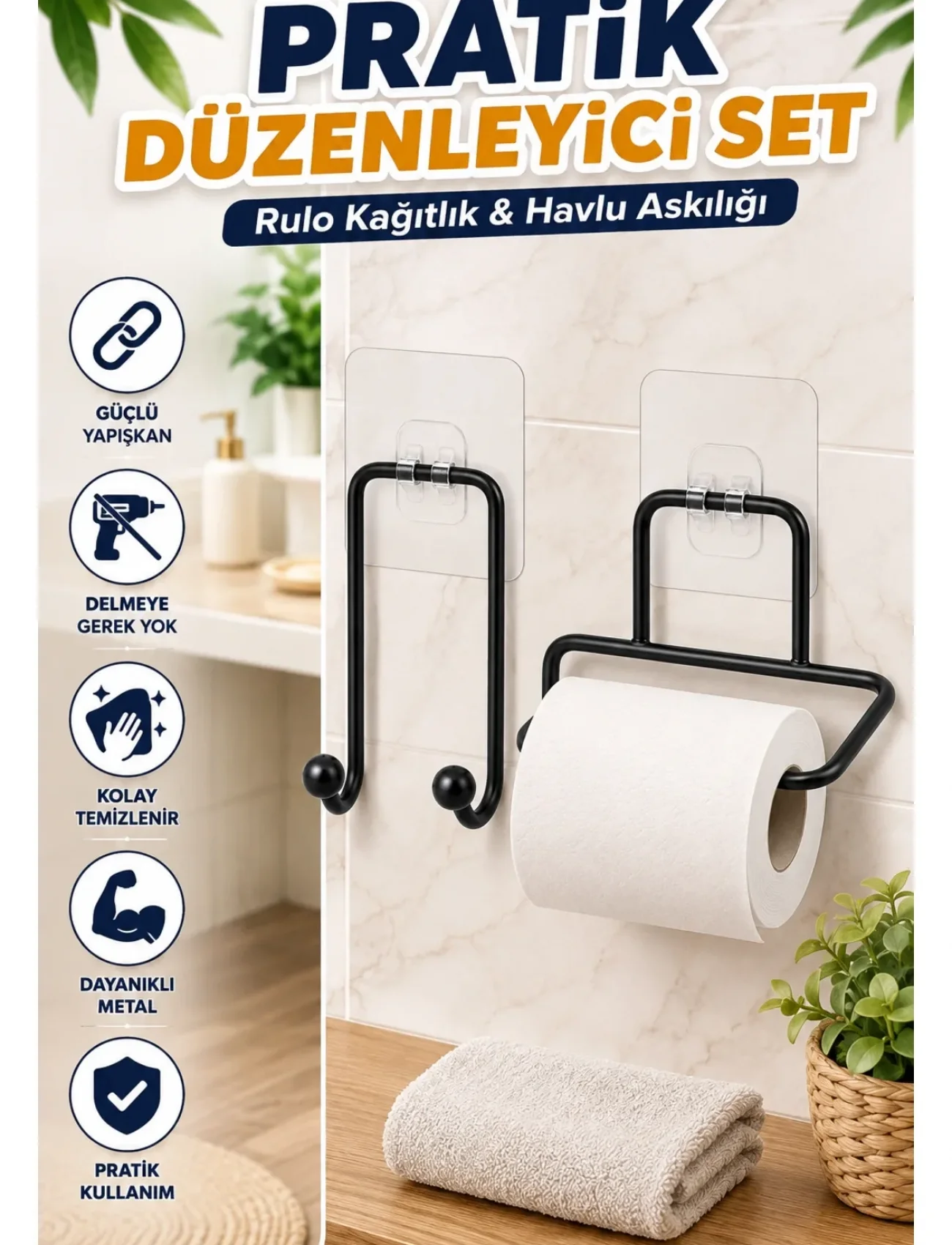 Pratik Yapışkanlı Rulo Kağıtlık ve Havlu Bez Askılığı 2 Parça Düzenleyici Set