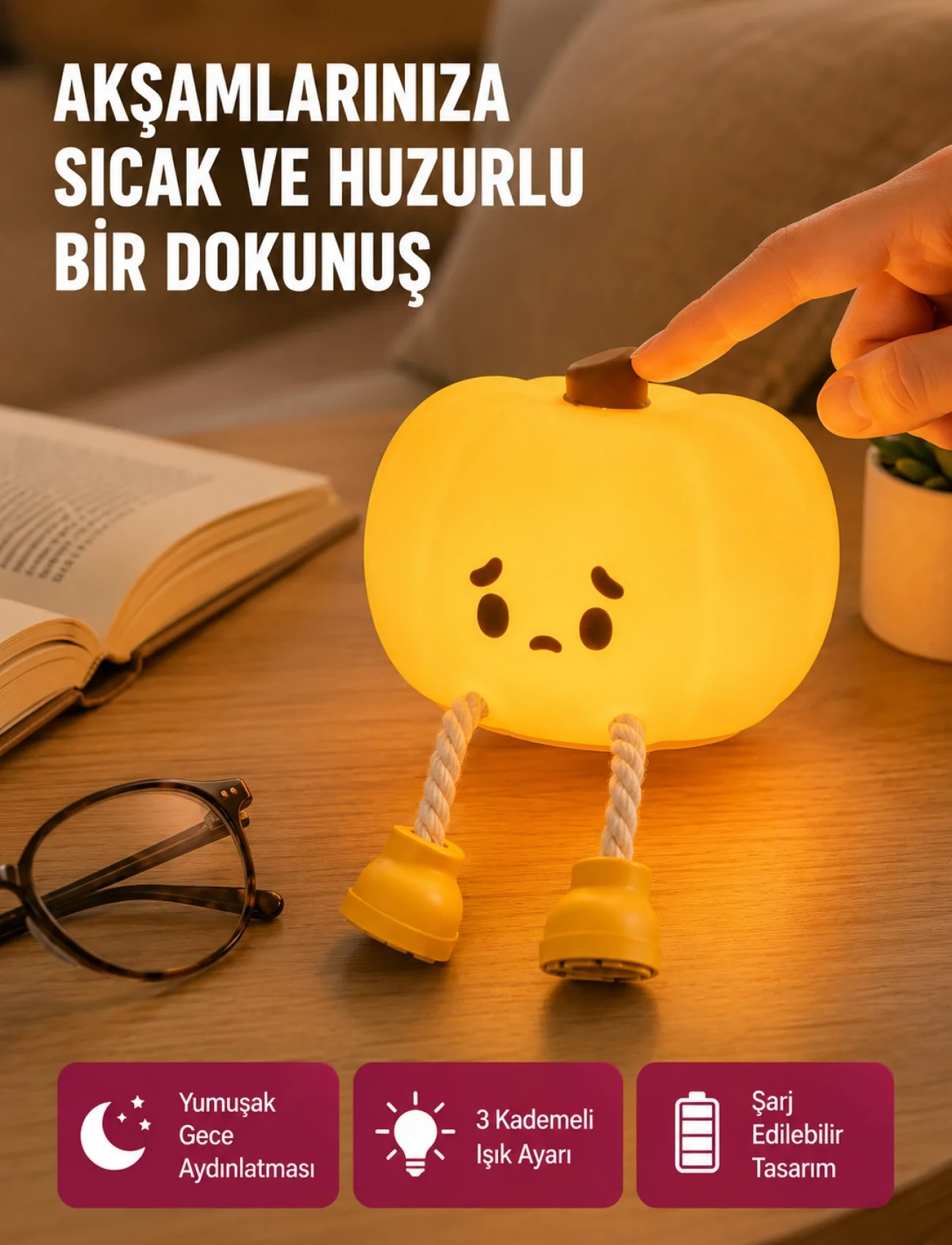 Pumpkin LED Gece Lambası Üç Kademeli Işık Ayarlı Yeni Nesil