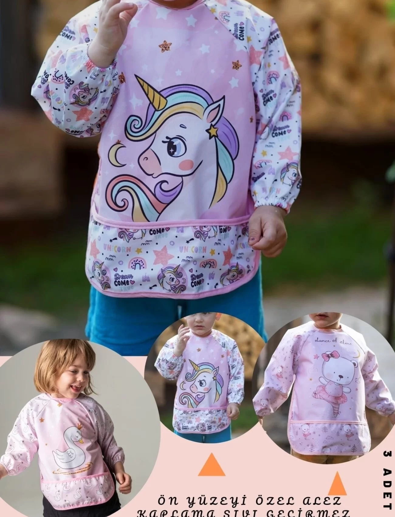 Sıvı Geçirmez 3 Adet Unicorn Kuğu Ayıcık Desen Bebek Mama Önlüğü 0-2 Yaş