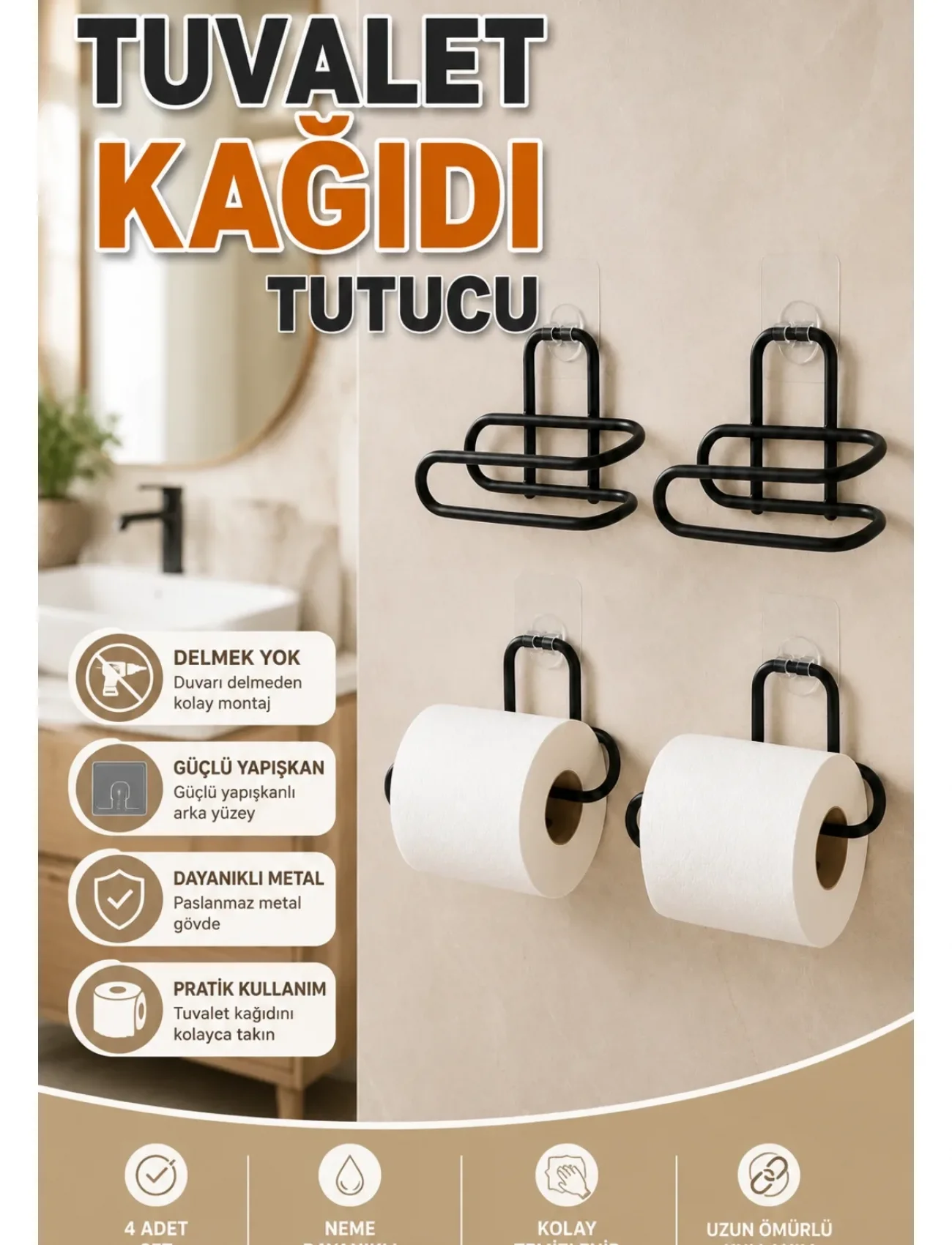 Siyah 4 Adet Metal Tuvalet Kağıdı Tutucu Kendinden Yapışkanlı Delmeden Montaj Banyo Askısı