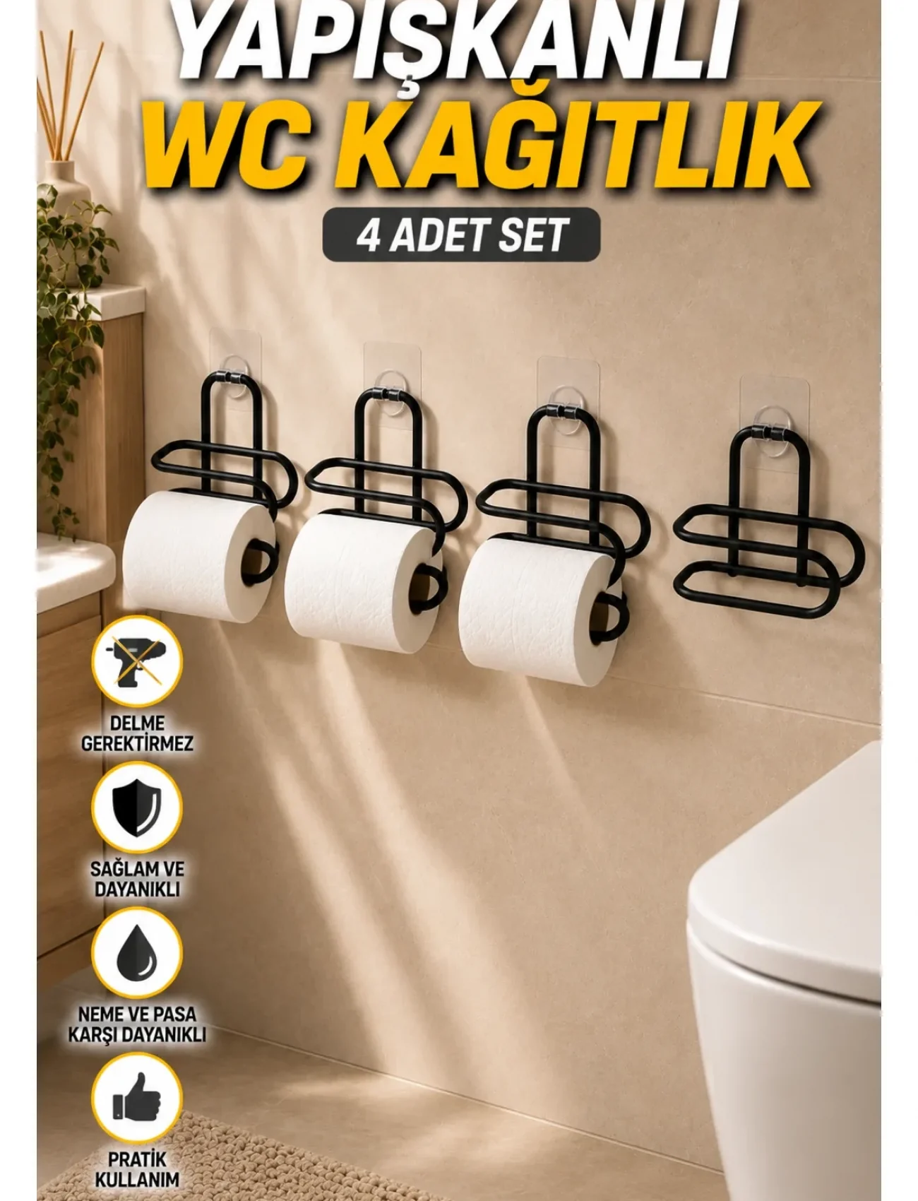 Siyah Metal WC Kağıtlık Yapışkanlı Duvar Tipi Tuvalet Kağıdı Tutucu Seti 4 Adet