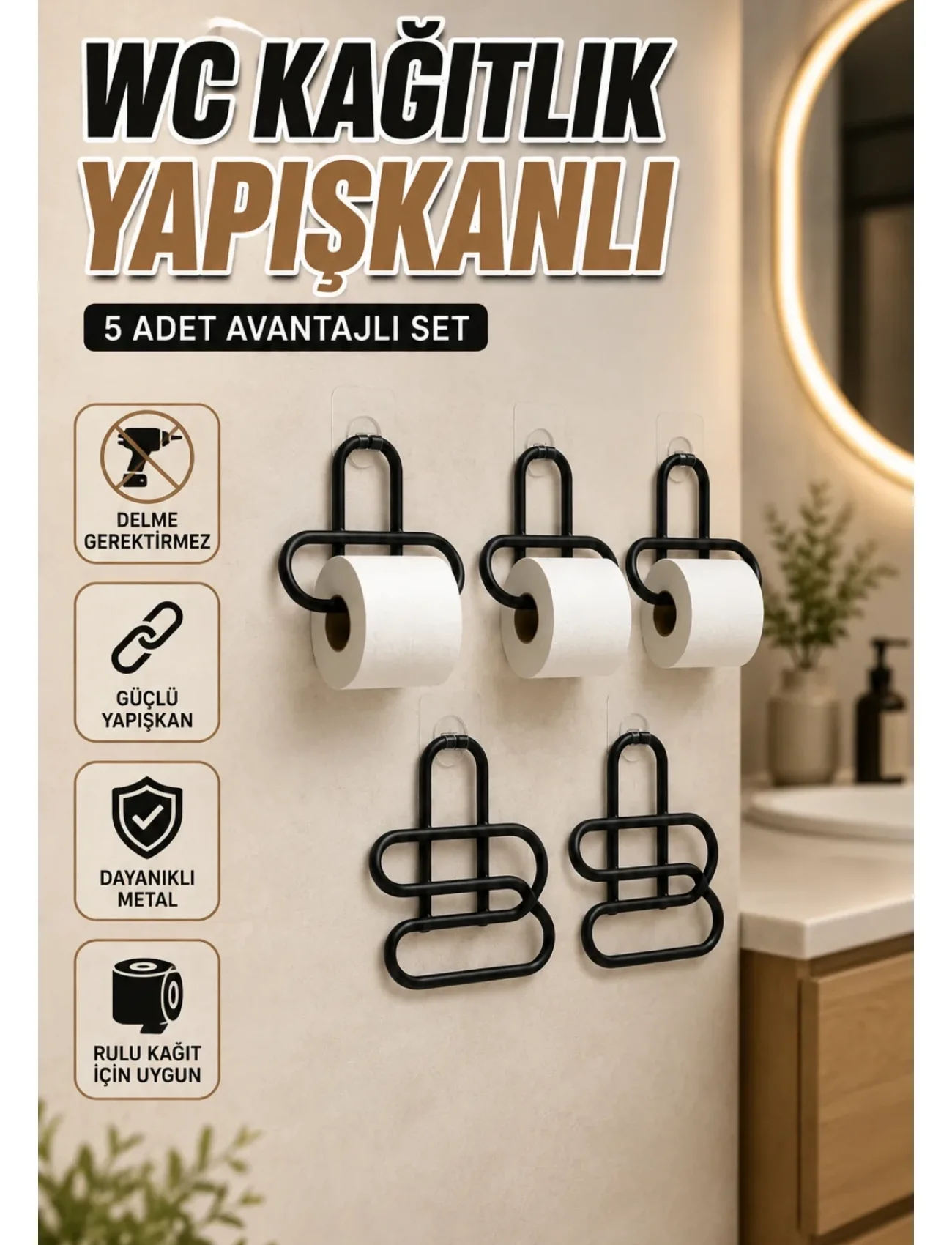 Siyah Metal WC Kağıtlık Yapışkanlı Tuvalet Kağıdı Rulo Tutucu 5 Adet Avantajlı Set