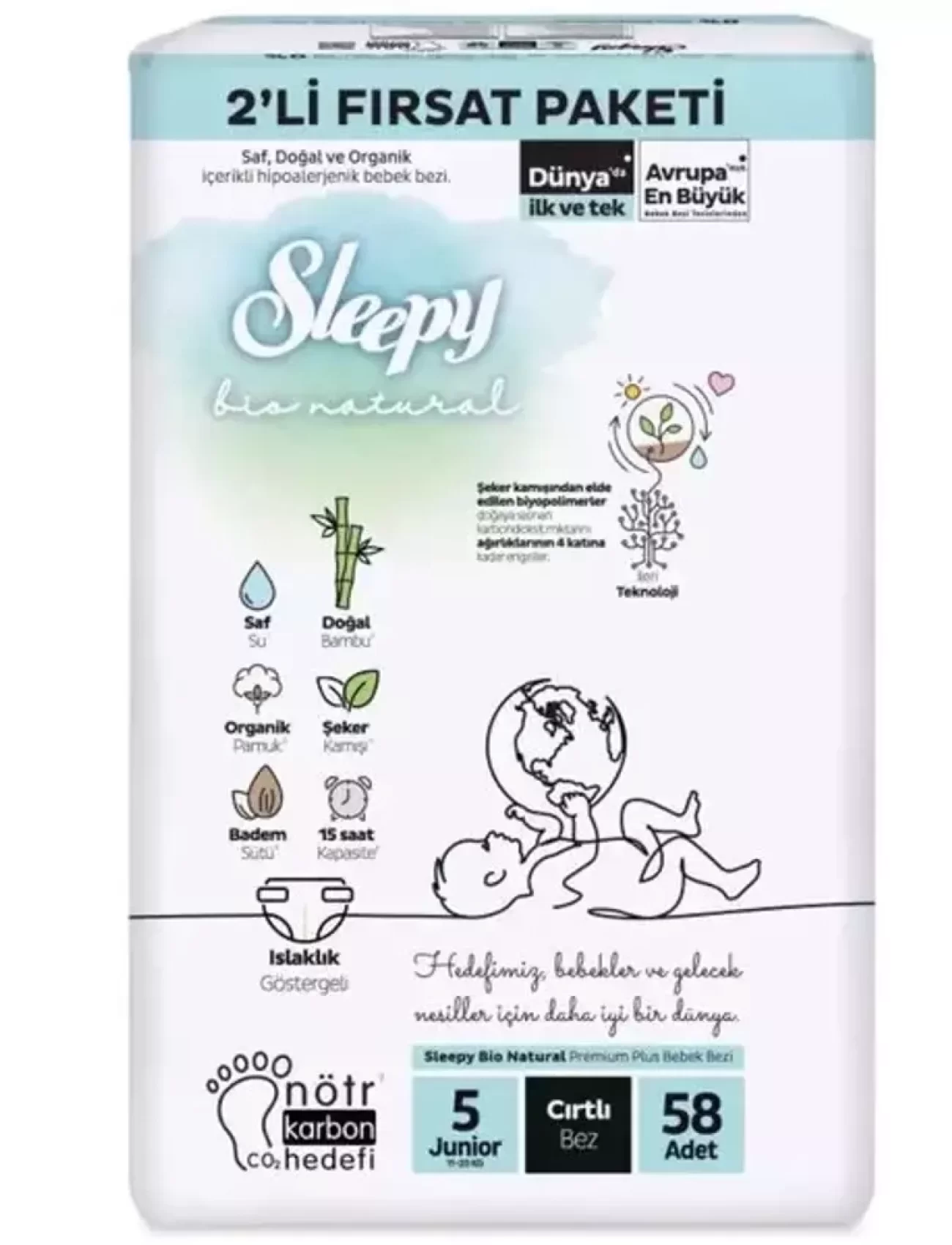 Sleepy Bio Natural Bebek Bezi 2Li Fırsat Paketi 5 Beden 58 Adet