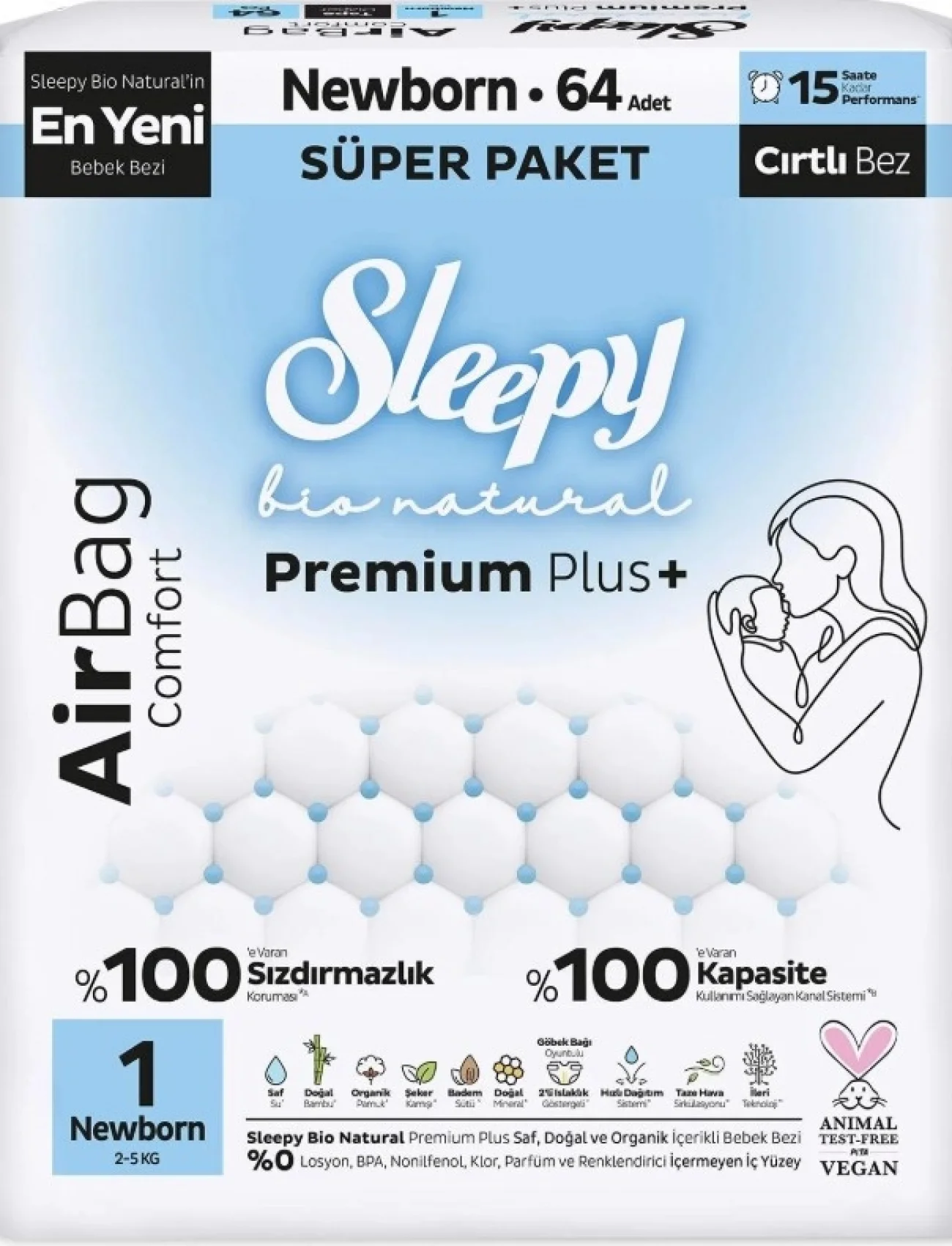 Sleepy Bio Natural Premium Plus Airbag Comfort Bebek Bezi 1 Beden 64 Adet