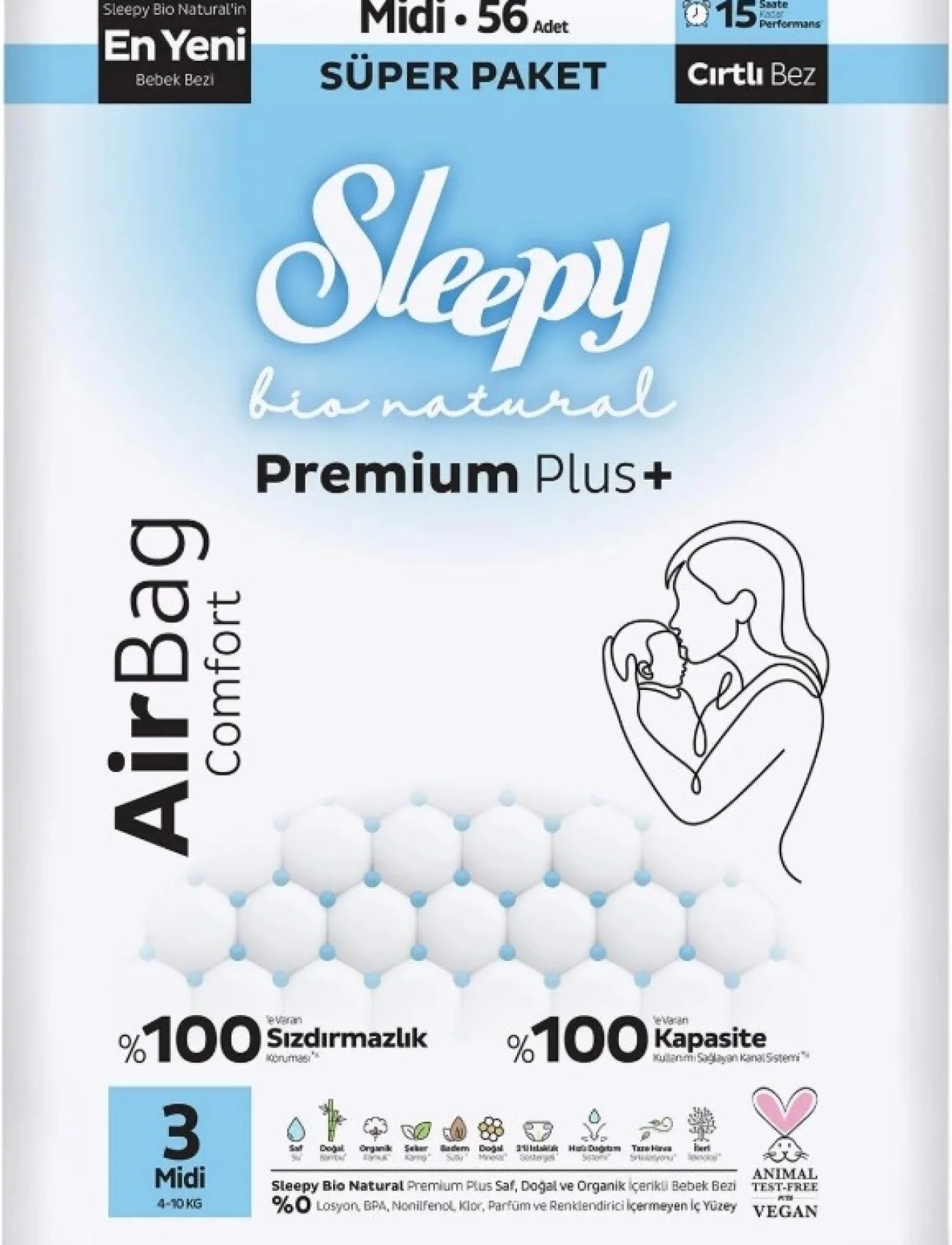 Sleepy Bio Natural Premium Plus Airbag Comfort Bebek Bezi 3 Beden 56 Adet
