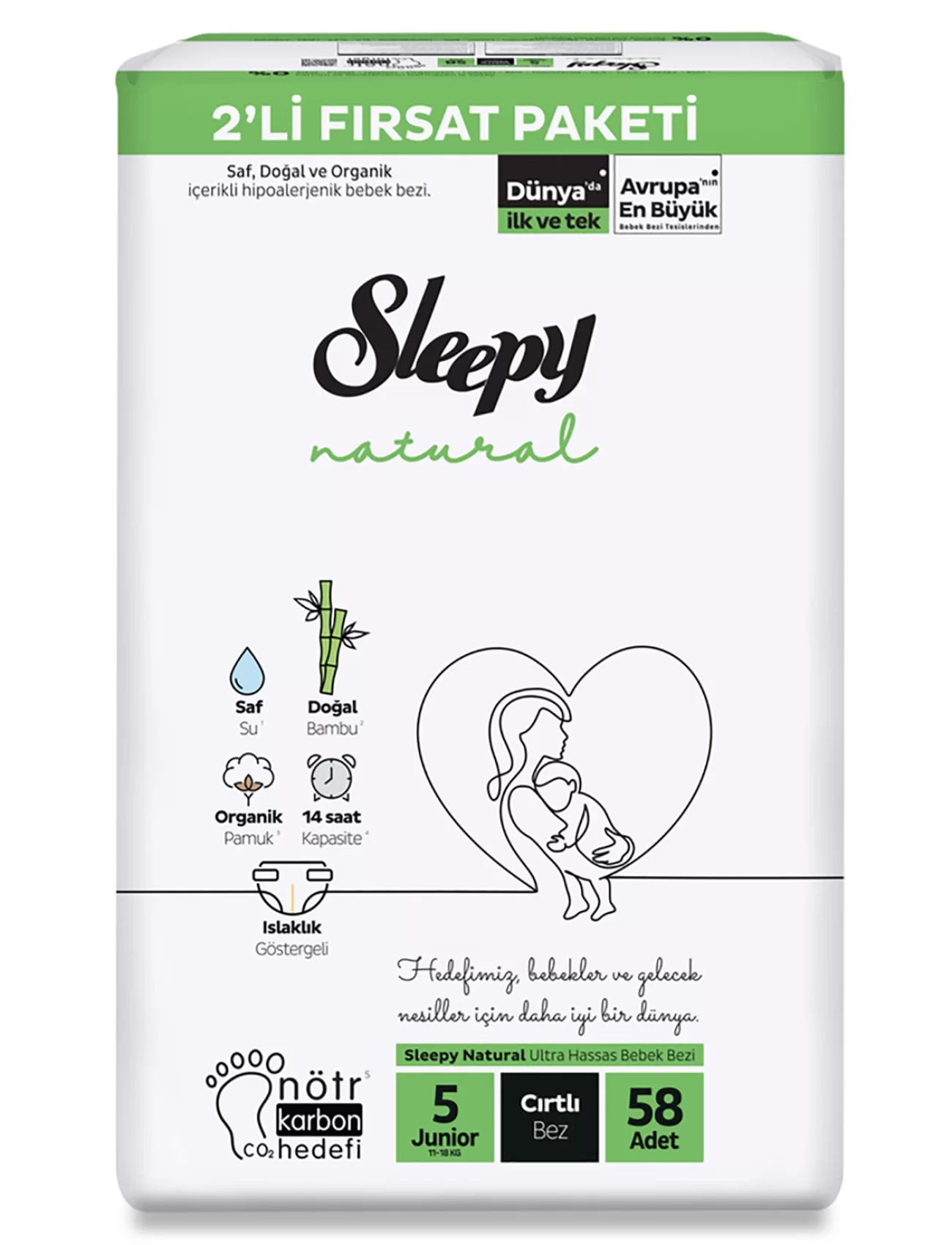 Sleepy Natural Bebek Bezi 2Li Fırsat Paketi 5 Beden 58 Adet