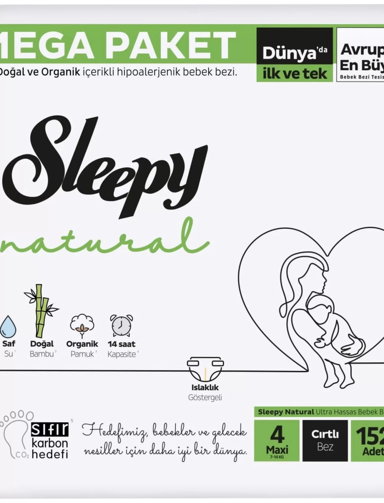 Sleepy Natural Bebek Bezi Mega Fırsat Paketi 4 Beden 7-14 Kg 152 Adet