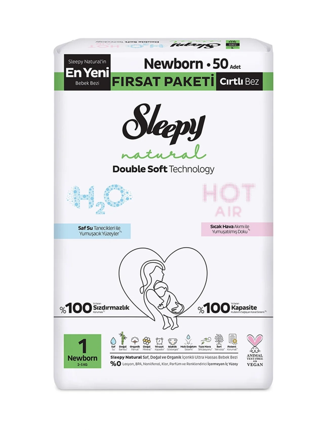 Sleepy Natural Double Soft Bebek Bezi Fırsat Paketi 1 Beden 50 Adet