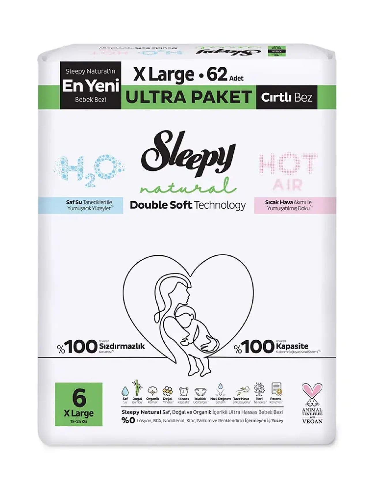 Sleepy Natural Double Soft Bebek Bezi Ultra Paket 6 Beden 62 Adet