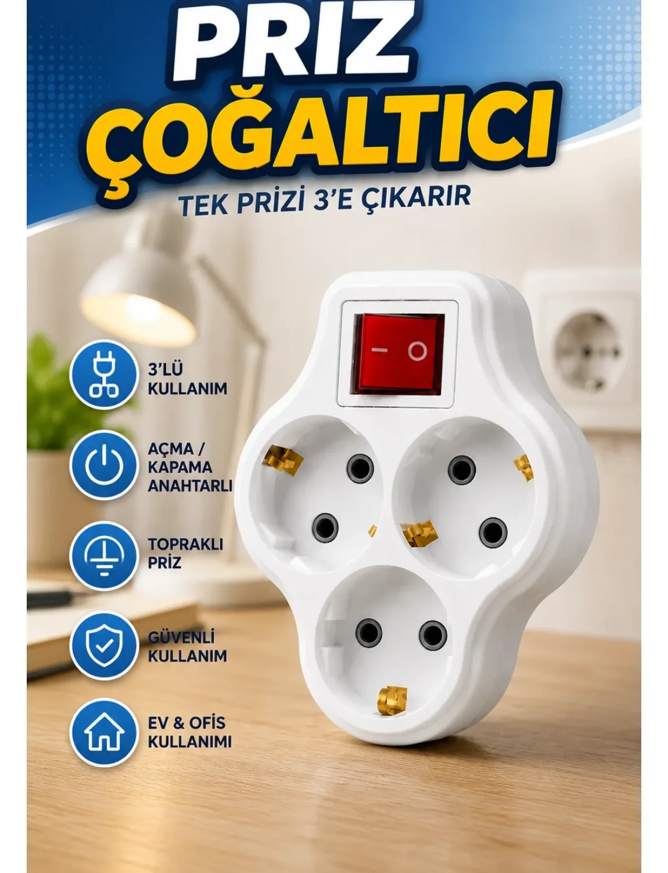 Tek Prizi 3’lü Yapan Anahtarlı Priz Adaptörü Topraklı Priz Çoğaltıcı