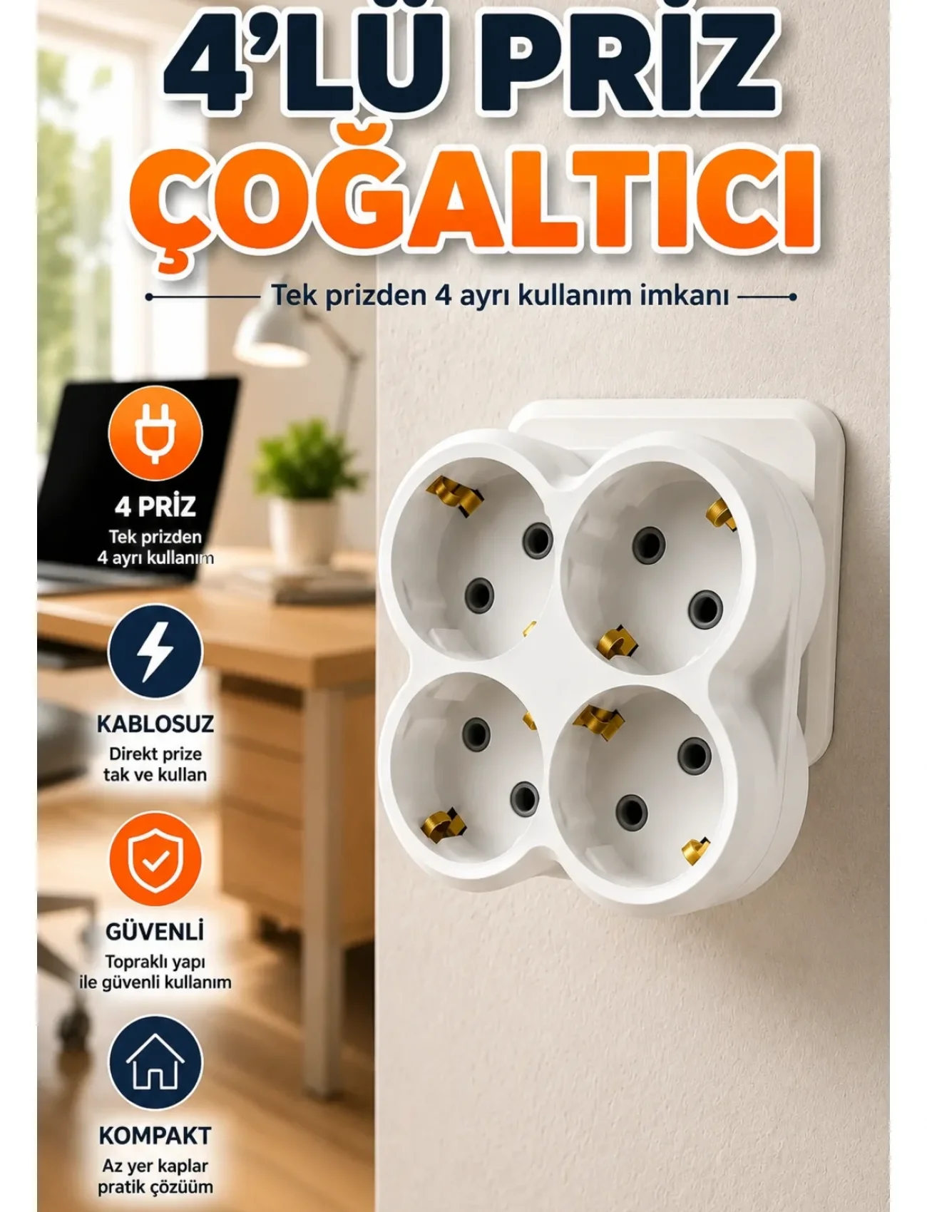 Tek Prizi 4’lü Yapan Priz Çoğaltıcı Direkt Prize Takılan Kablosuz Çoklayıcı