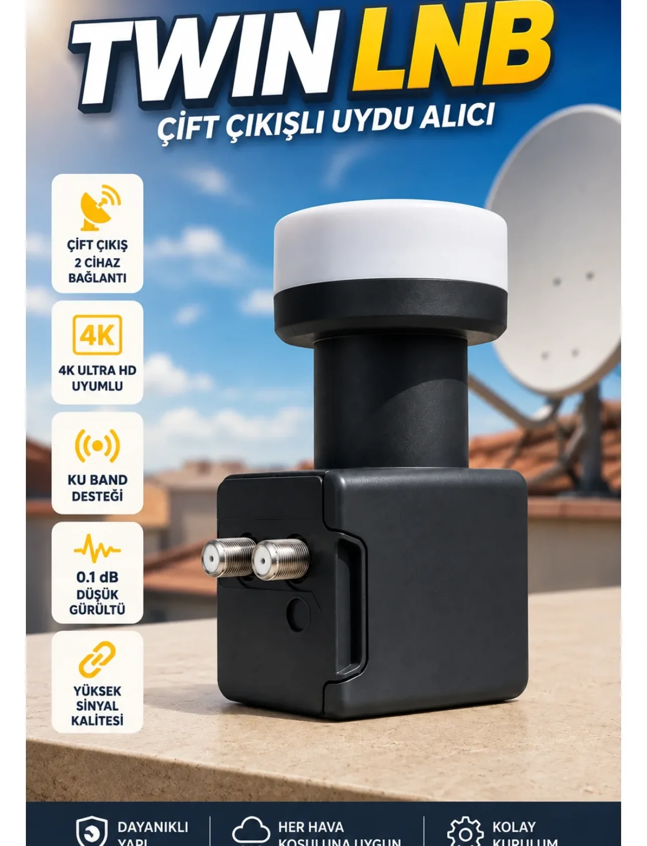 Twin LNB Çift Çıkışlı Uydu Anten LNB 4K Ultra HD Ku Band 0.1 dB