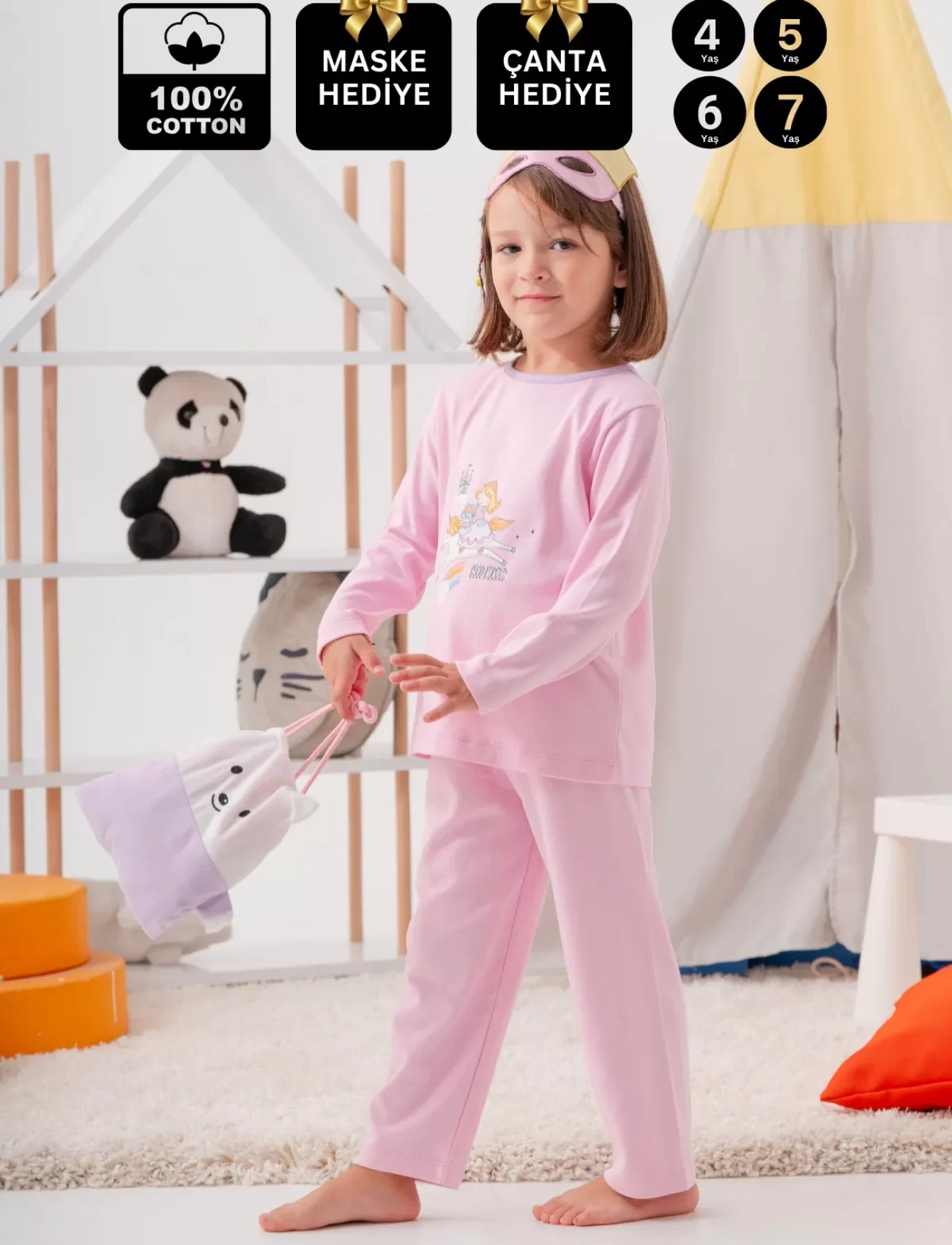 Unicorn Desenli Çanta Ve Maskeli % 100 Pamuk Kız Çocuk Pijama Takımı