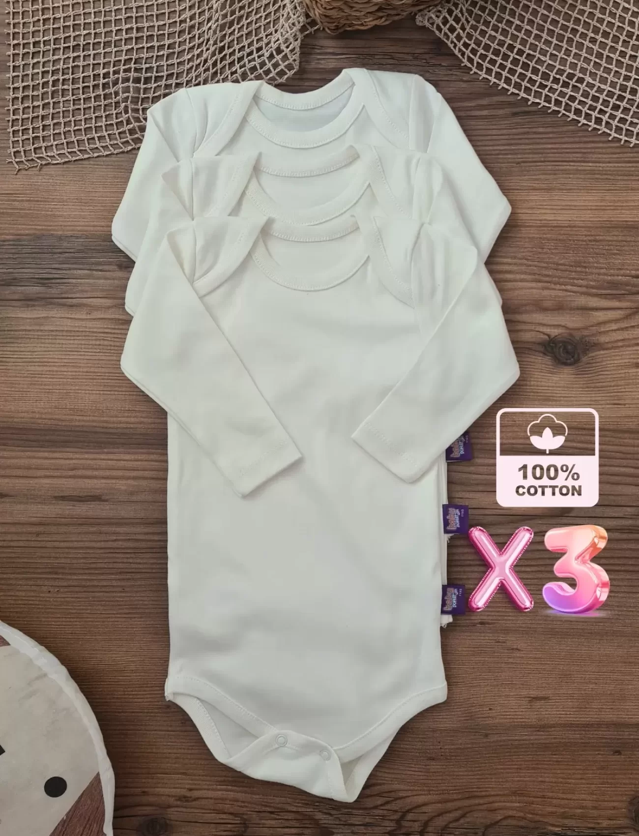 Unisex % 100 Pamuk Uzun Kol 3 Adet Bebek Ve Çocuk Body