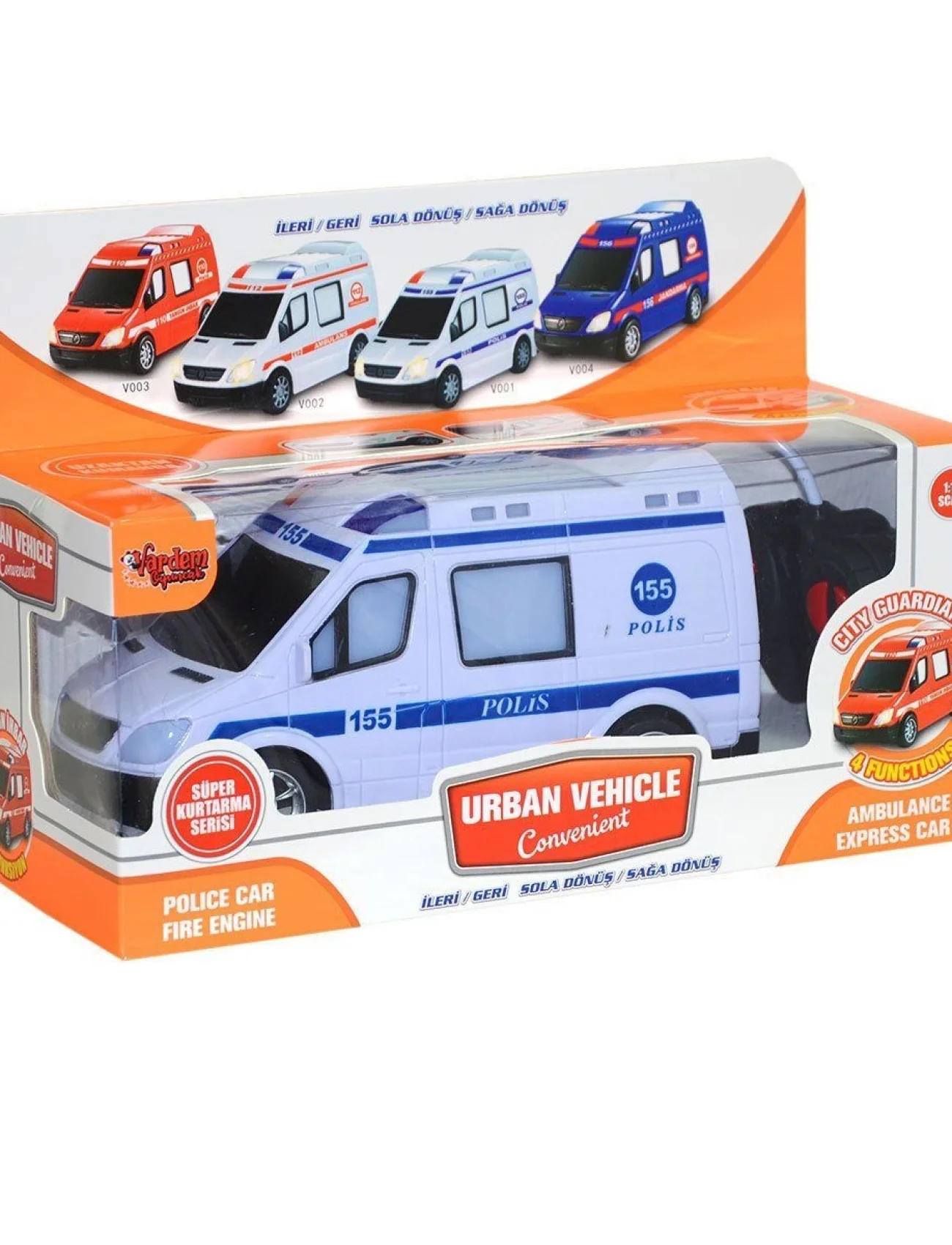 V001-2 V3 V004  Kumandalı Sesli Işıklı Polis Arabası-Jandarma-Ambulans-İtfaiye 1:18-Vardem
