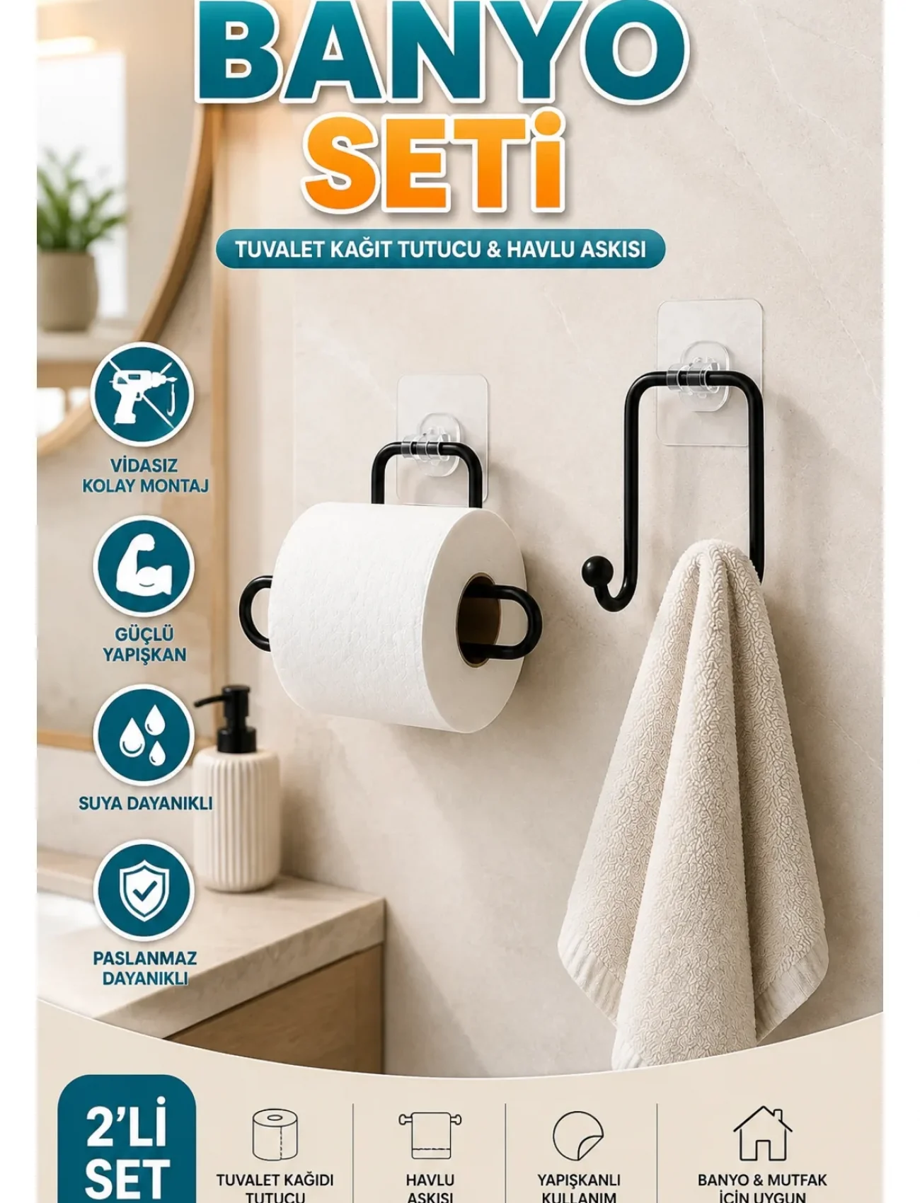 Vidasız Banyo Seti Yapışkanlı Tuvalet Kağıdı Tutucu ve Havlu Askısı 2’li Set