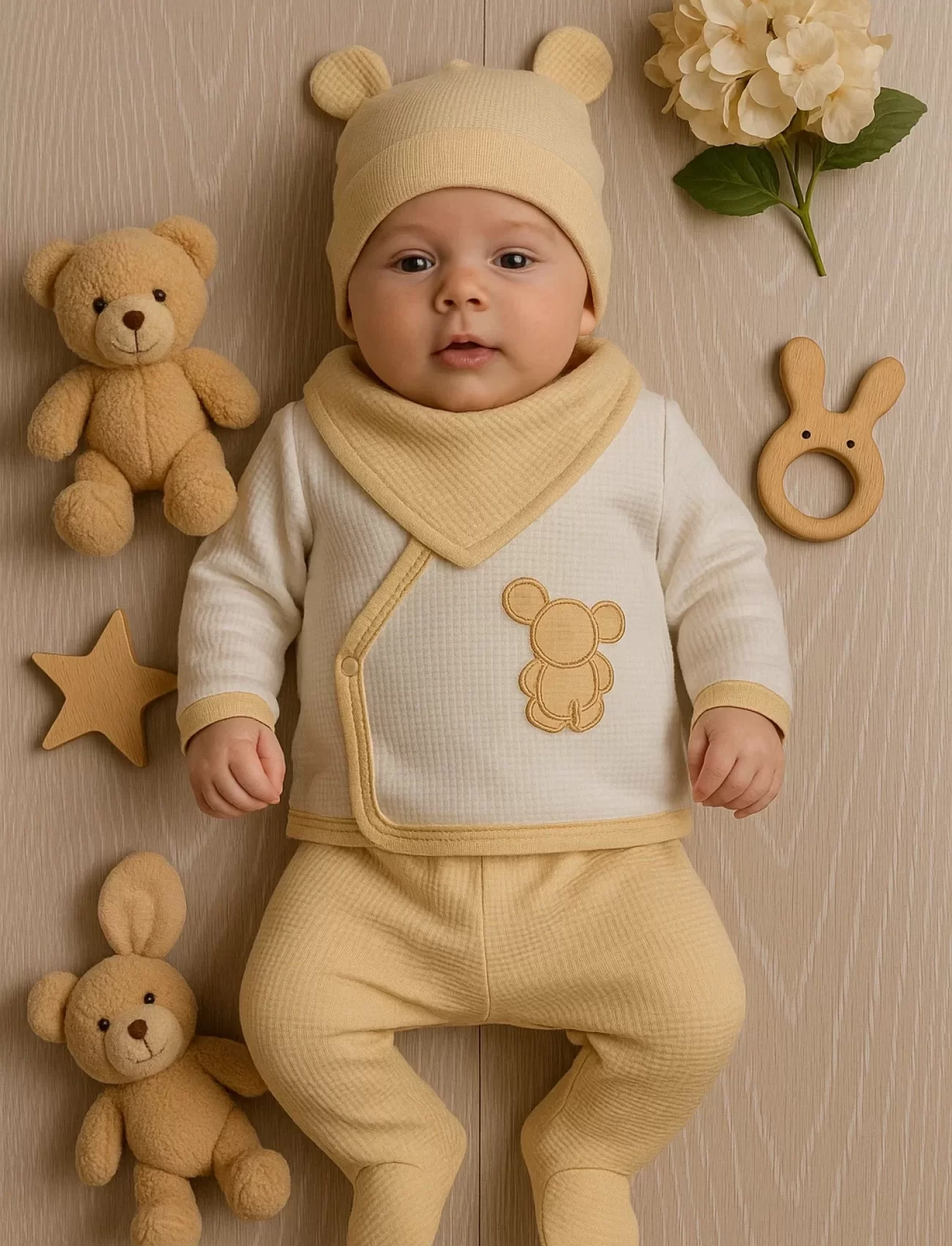 Waffle Tavşanlı 5 Parça %100 Pamuk Erkek Bebek Hastane Çıkışı