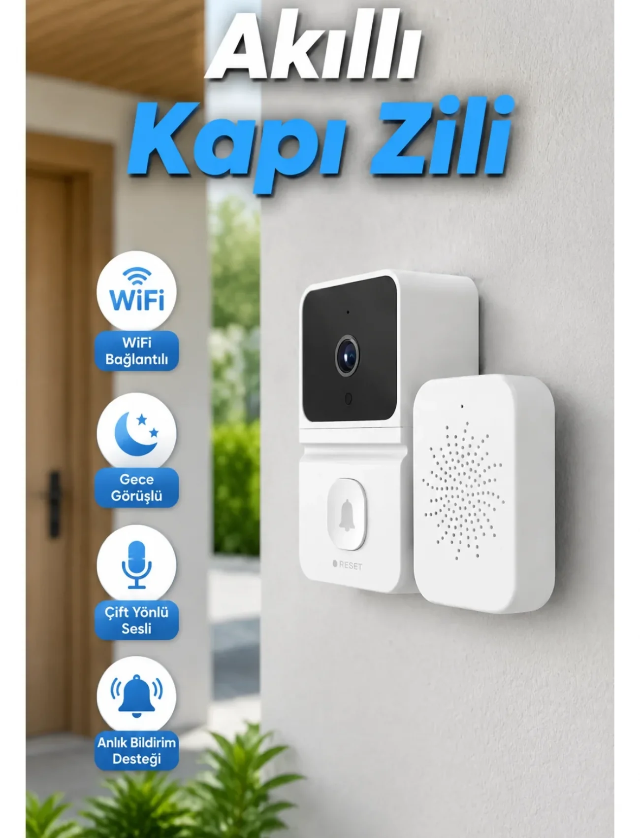 WiFi Akıllı Kapı Zili Kamera Gece Görüşlü Çift Yönlü Sesli