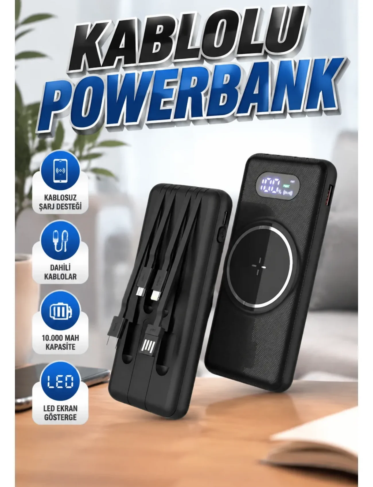 Wireless Powerbank 10000 Mah LED Ekranlı Dahili Kablolu Hızlı Şarj