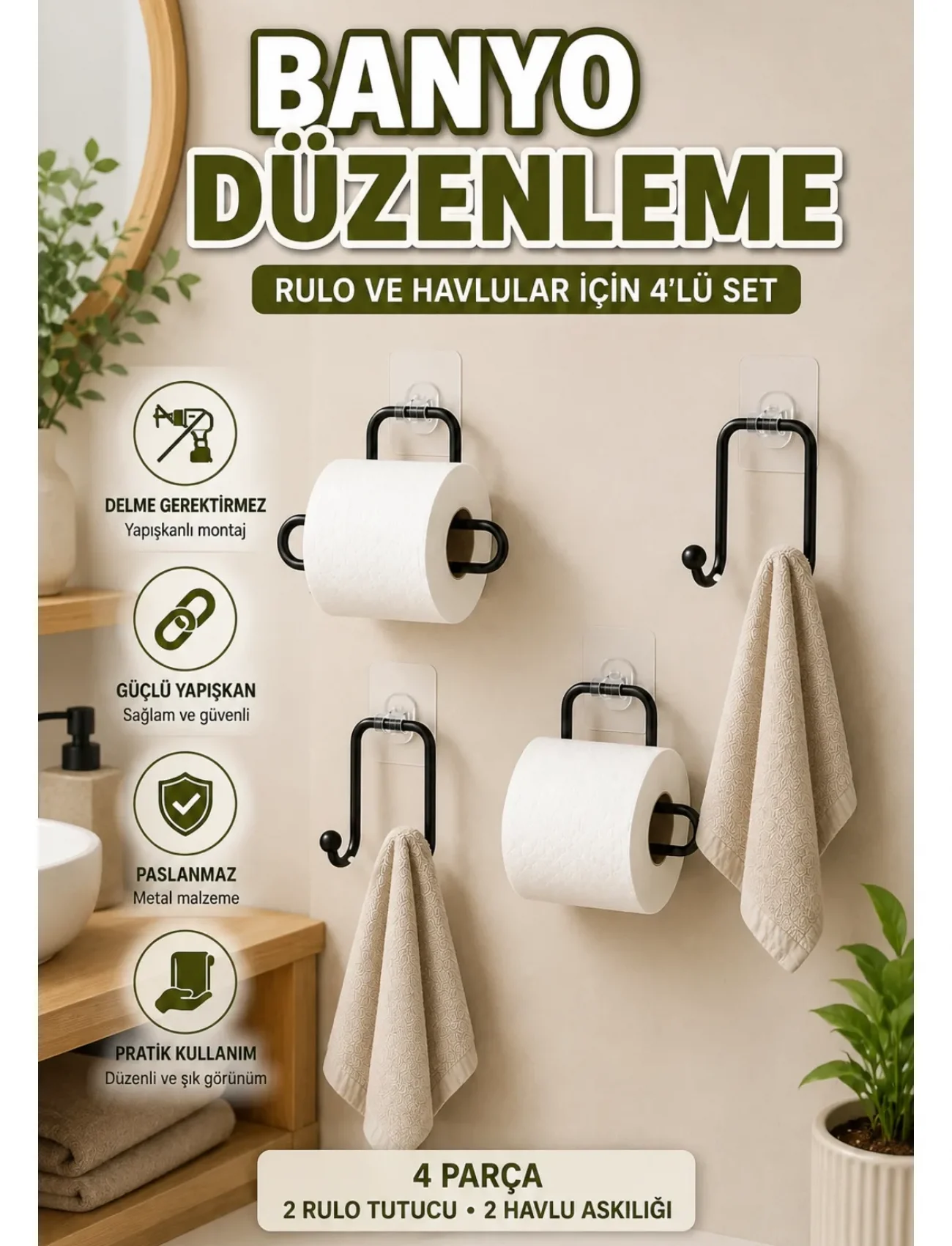 Yapışkanlı Banyo Düzenleme Seti 2 Rulo Tutucu 2 Havlu Askılığı 4 Parça