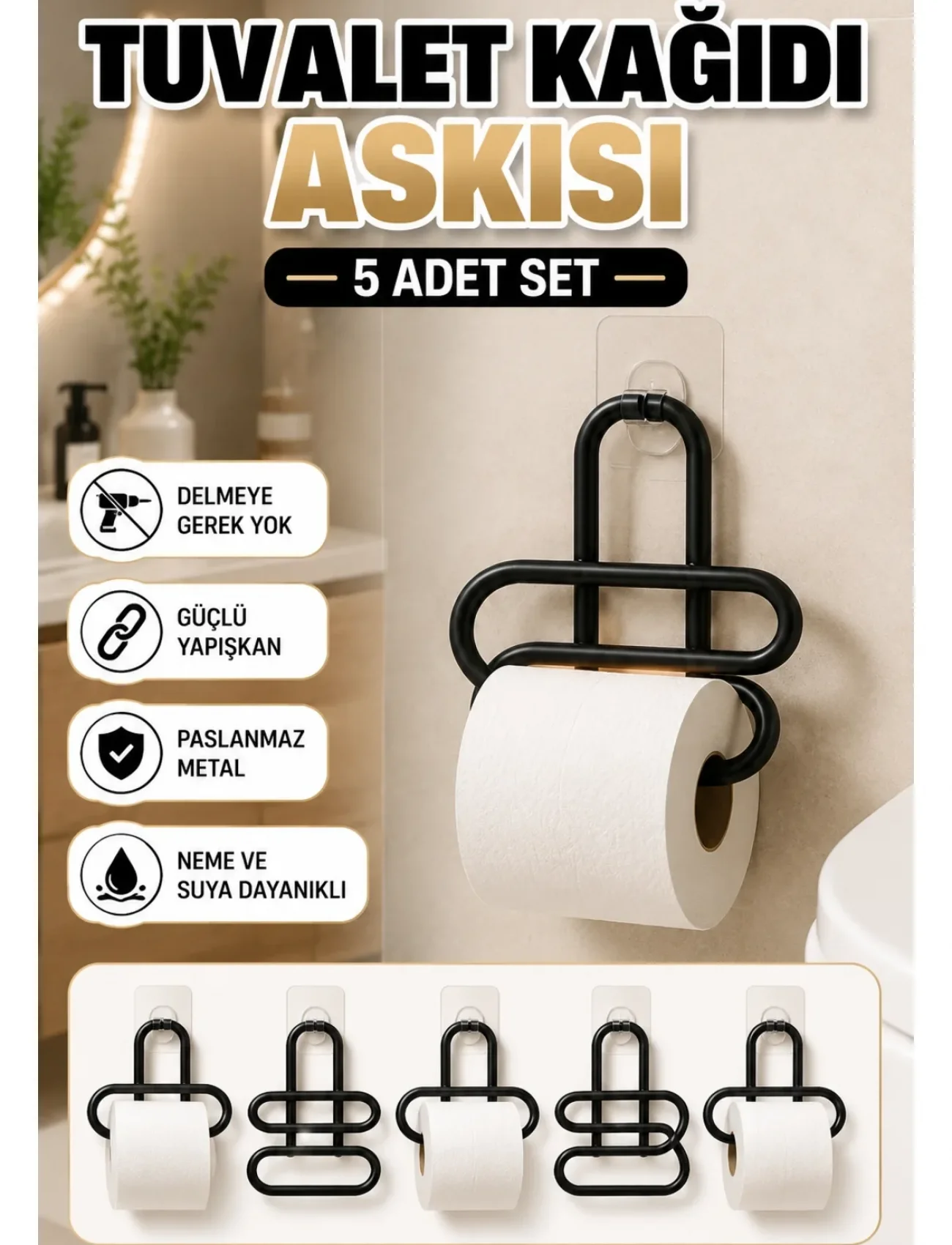 Yapışkanlı Tuvalet Kağıdı Askısı Siyah Metal Delmeden Montaj WC Kağıtlık 5 Adet