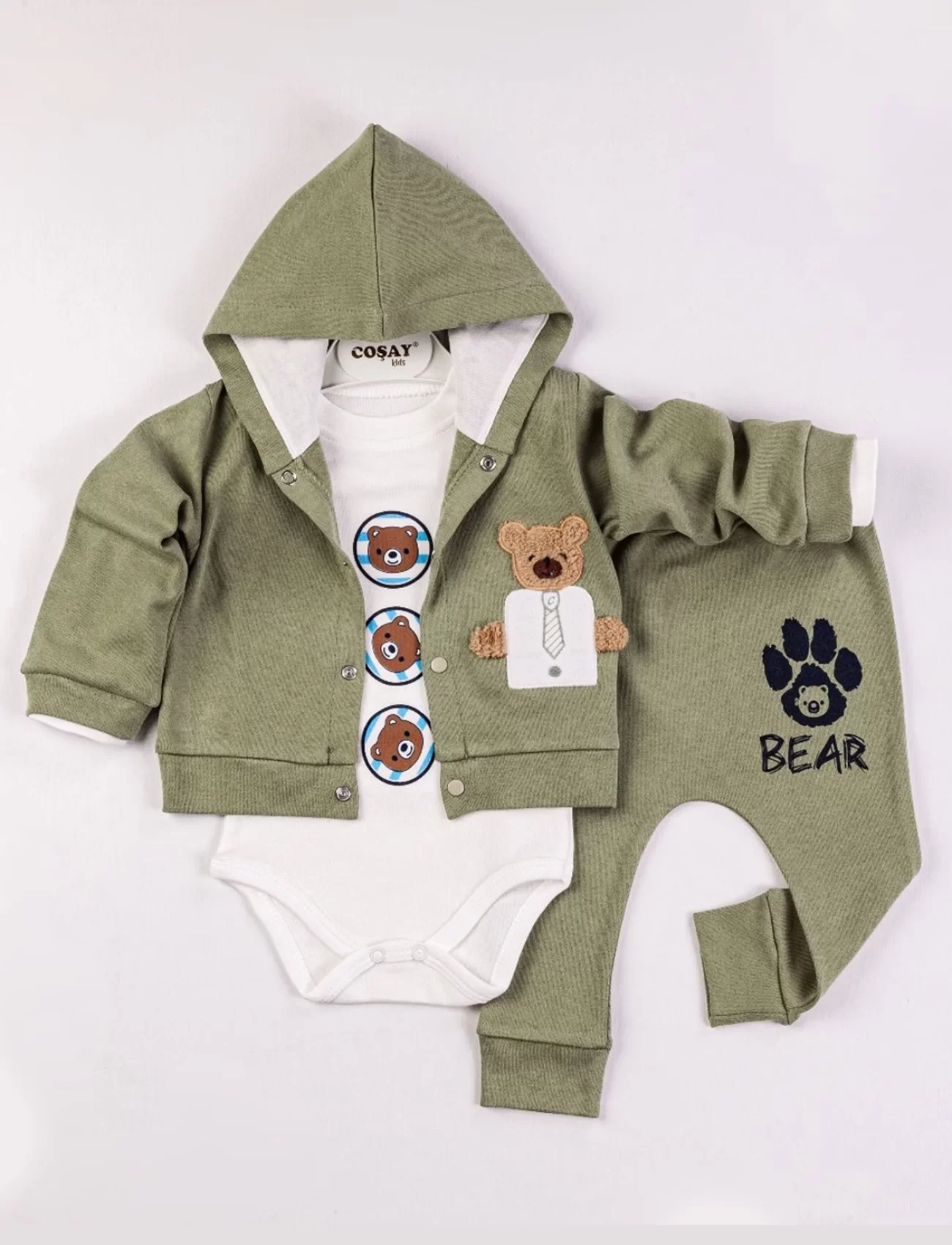Yeni Doğan 3-6 Ay Erkek Bebek Takımı Bear Nakışlı Kapişonlu Haki
