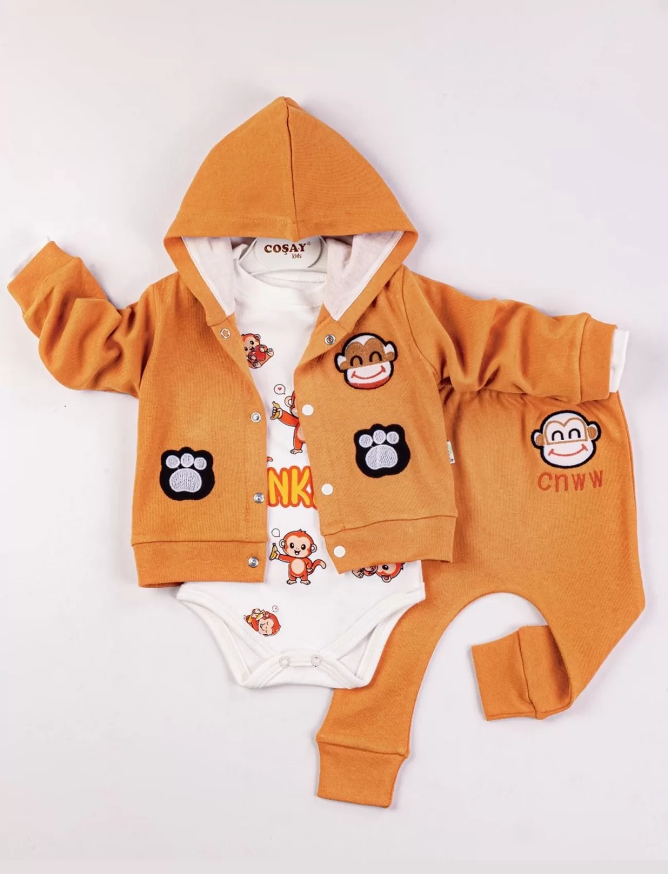 Yeni Doğan 3-6 Ay Erkek Bebek Takımı Monkey Kapişonlu Turuncu