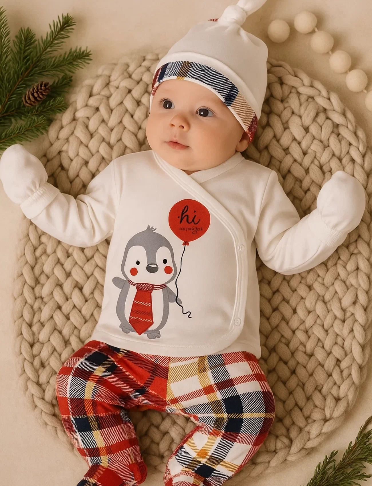 Yeni Doğan Ekose Penguen Fularlı 5li Erkek Bebek Takımı Kırmızı